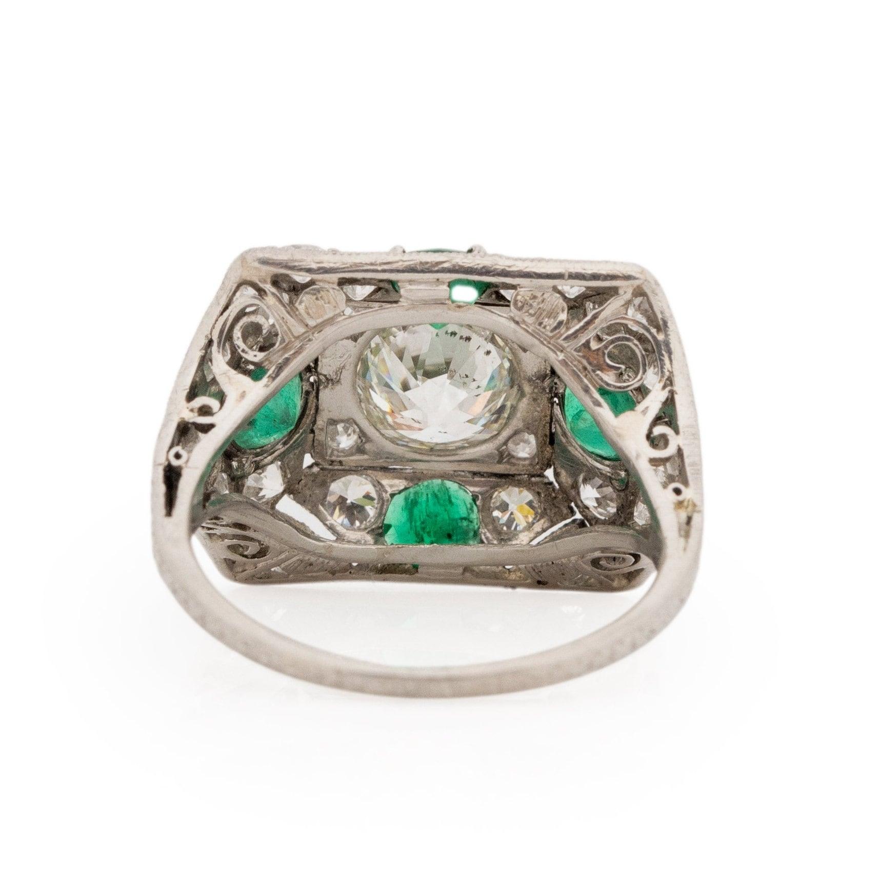 Women's Circa 1901 Edwardian Platinum Old Mine Cut Center with Natural Emerald Accents For Sale