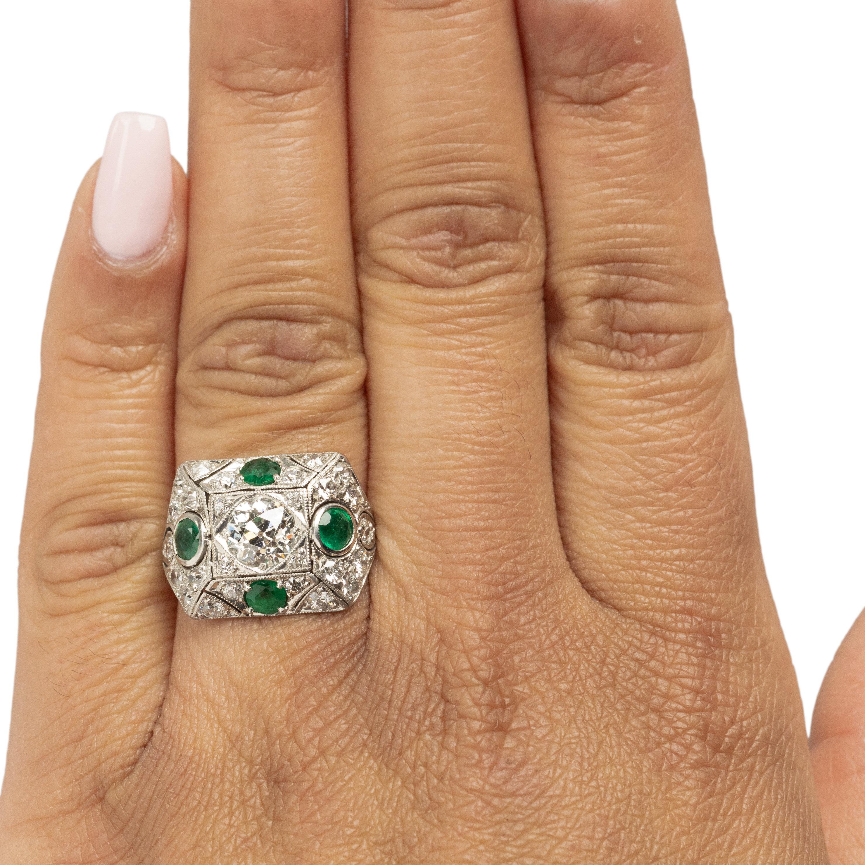 Circa 1901 Edwardian Platinum Old Mine Cut Center with Natural Emerald Accents For Sale 2