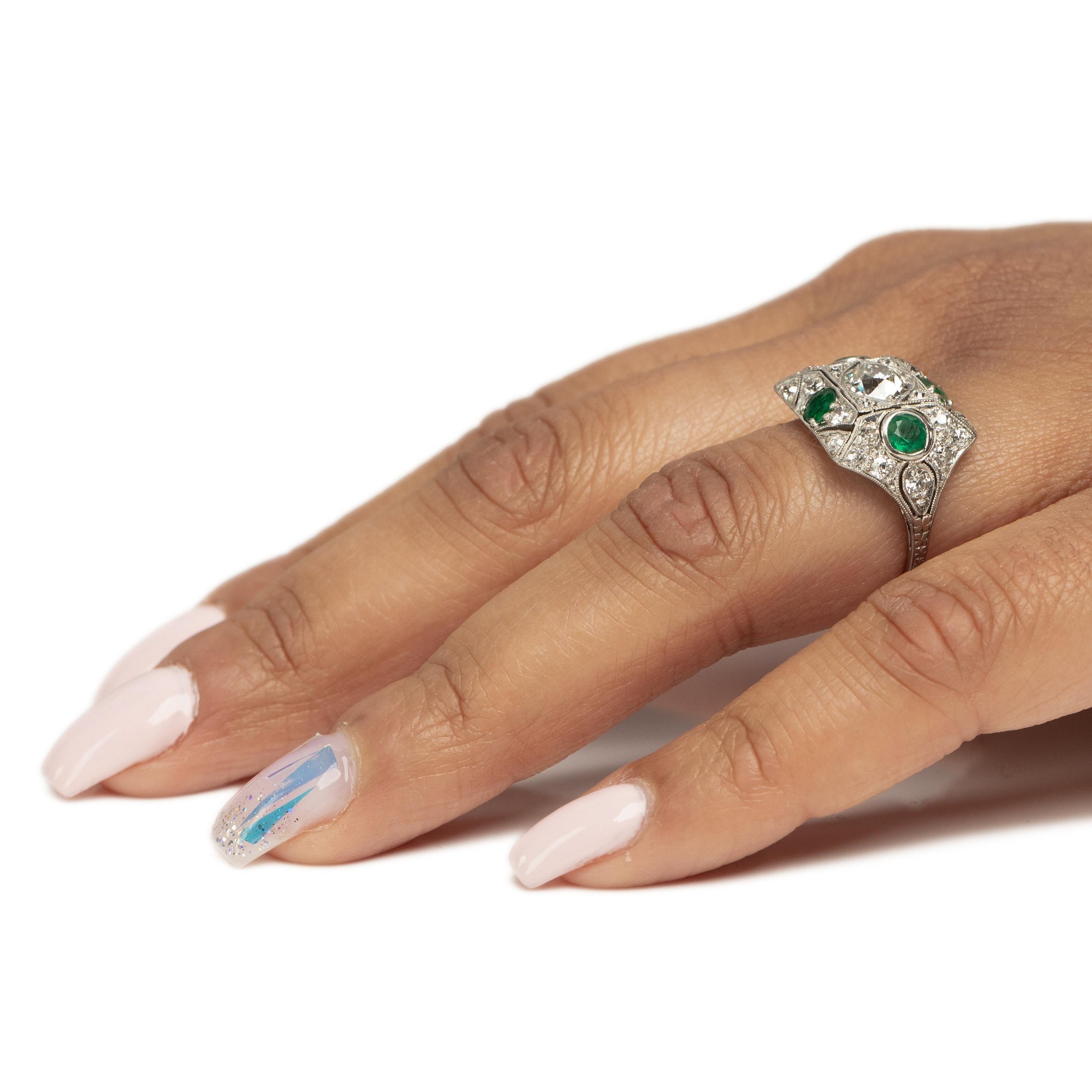 Circa 1901 Edwardian Platinum Old Mine Cut Center with Natural Emerald Accents For Sale 4