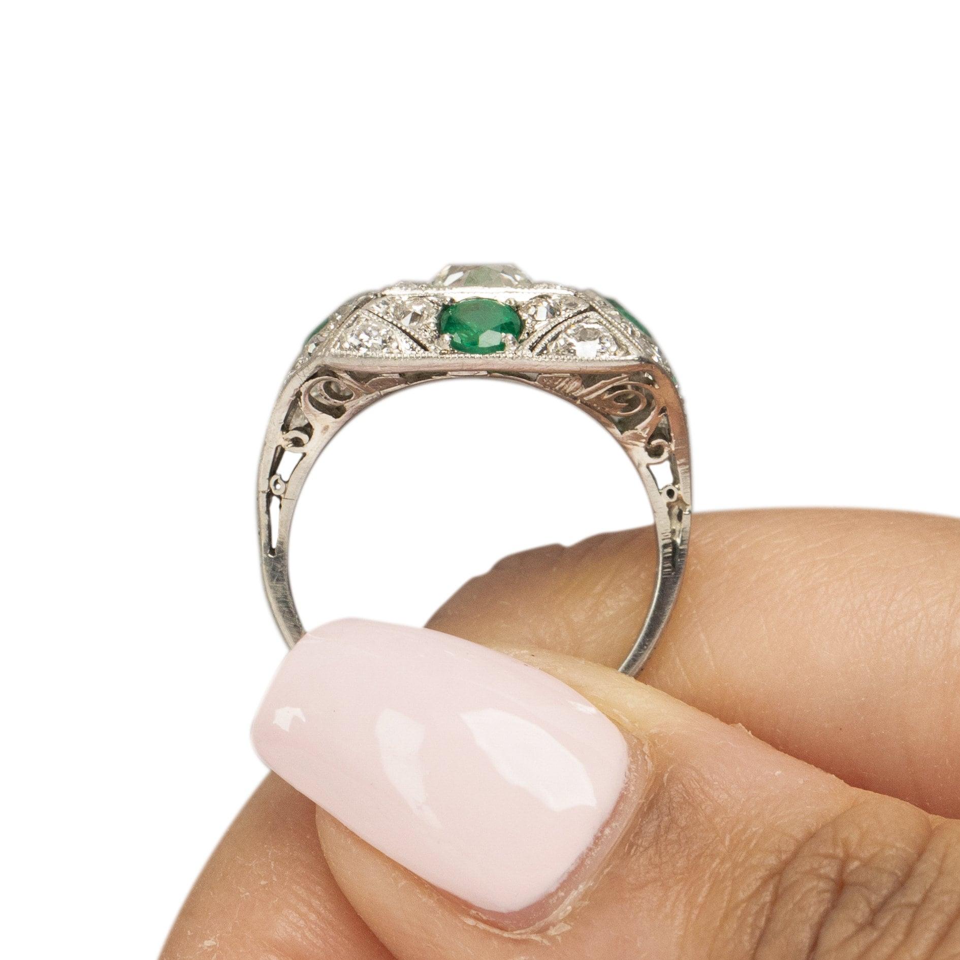 Circa 1901 Edwardian Platinum Old Mine Cut Center with Natural Emerald Accents For Sale 5
