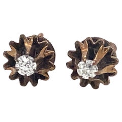 Antique Circa 1903 Edwardian 9k Rose Gold & Diamond Tulip Cup Post Earrings, VJ #34