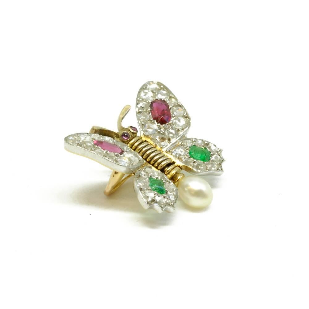 Belle Époque Circa 1905 Diamond Emerald Pearl Ruby Yellow Gold Platinum Butterfly Pin Brooch