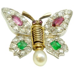 Antique Circa 1905 Diamond Emerald Pearl Ruby Yellow Gold Platinum Butterfly Pin Brooch
