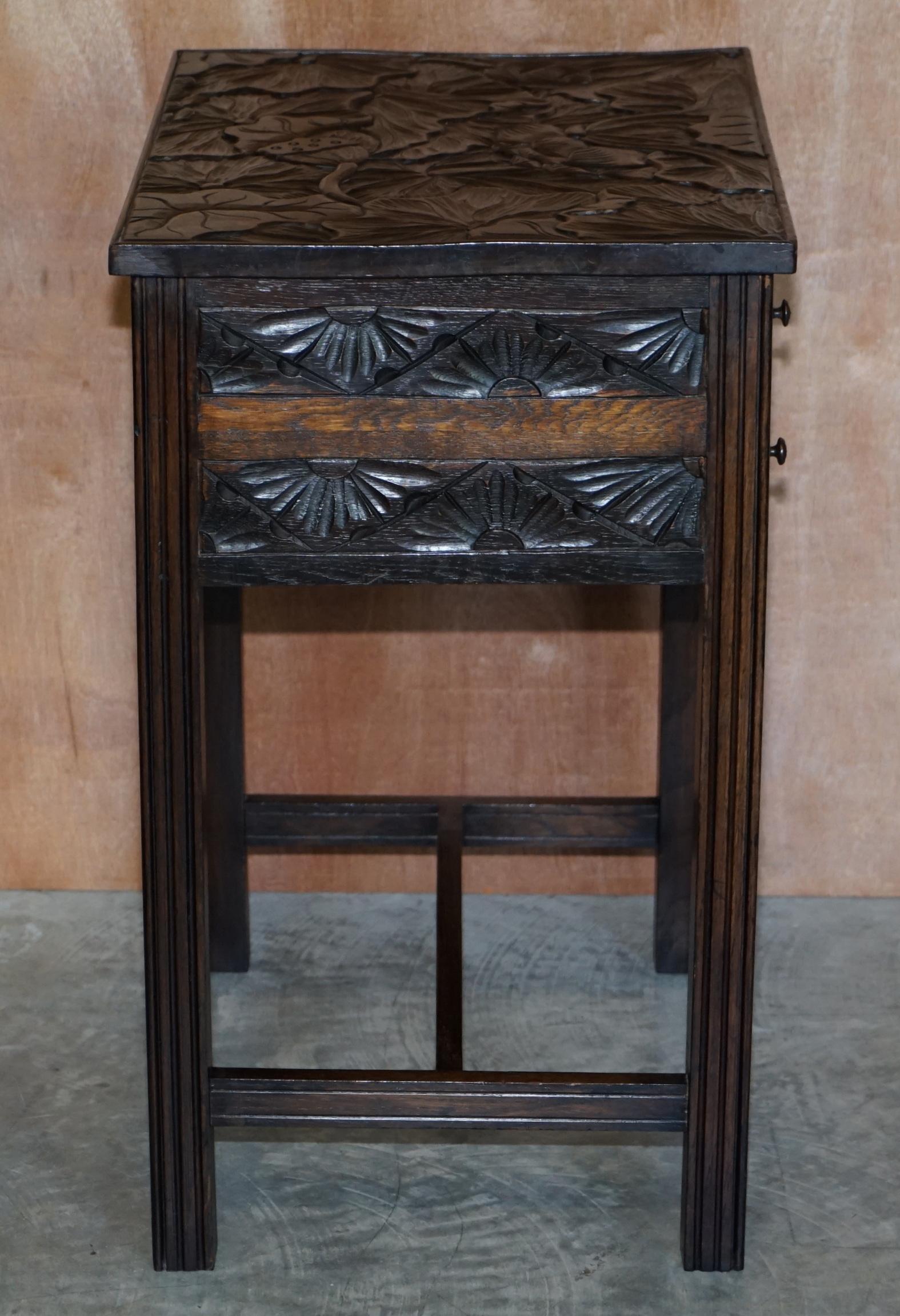 Circa 1905 Liberty's London Japanese Hand Carved Side Lamp Table Cutlery Drawers For Sale 6