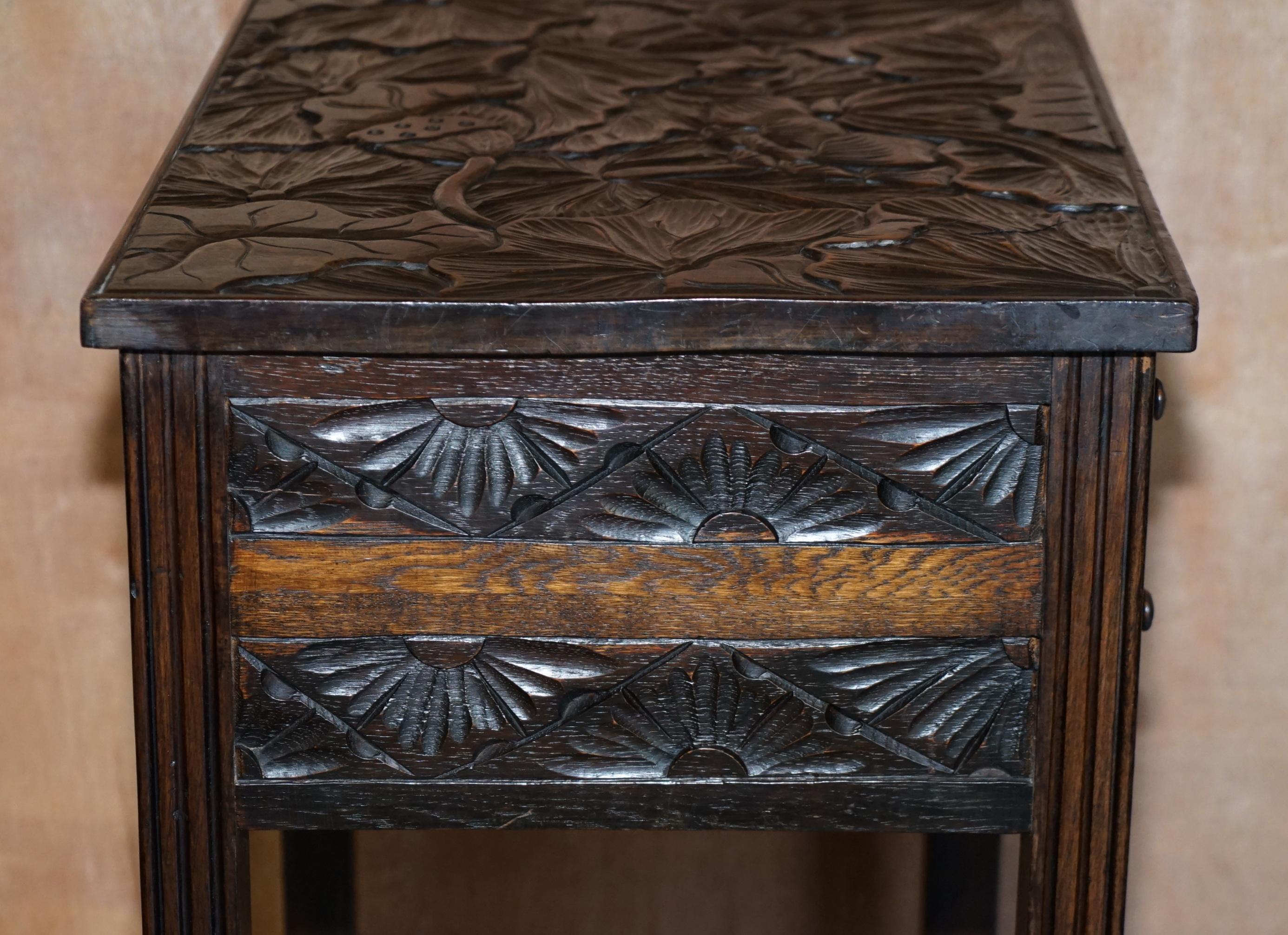 Circa 1905 Liberty's London Japanese Hand Carved Side Lamp Table Cutlery Drawers For Sale 7