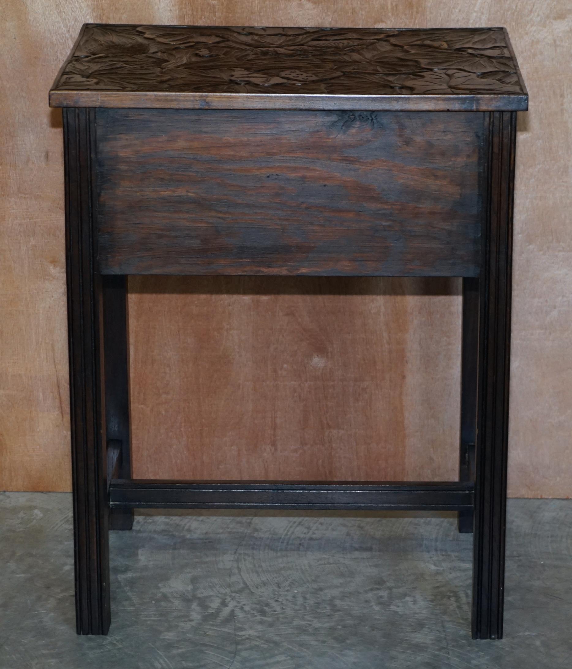 Circa 1905 Liberty's London Japanese Hand Carved Side Lamp Table Cutlery Drawers For Sale 8