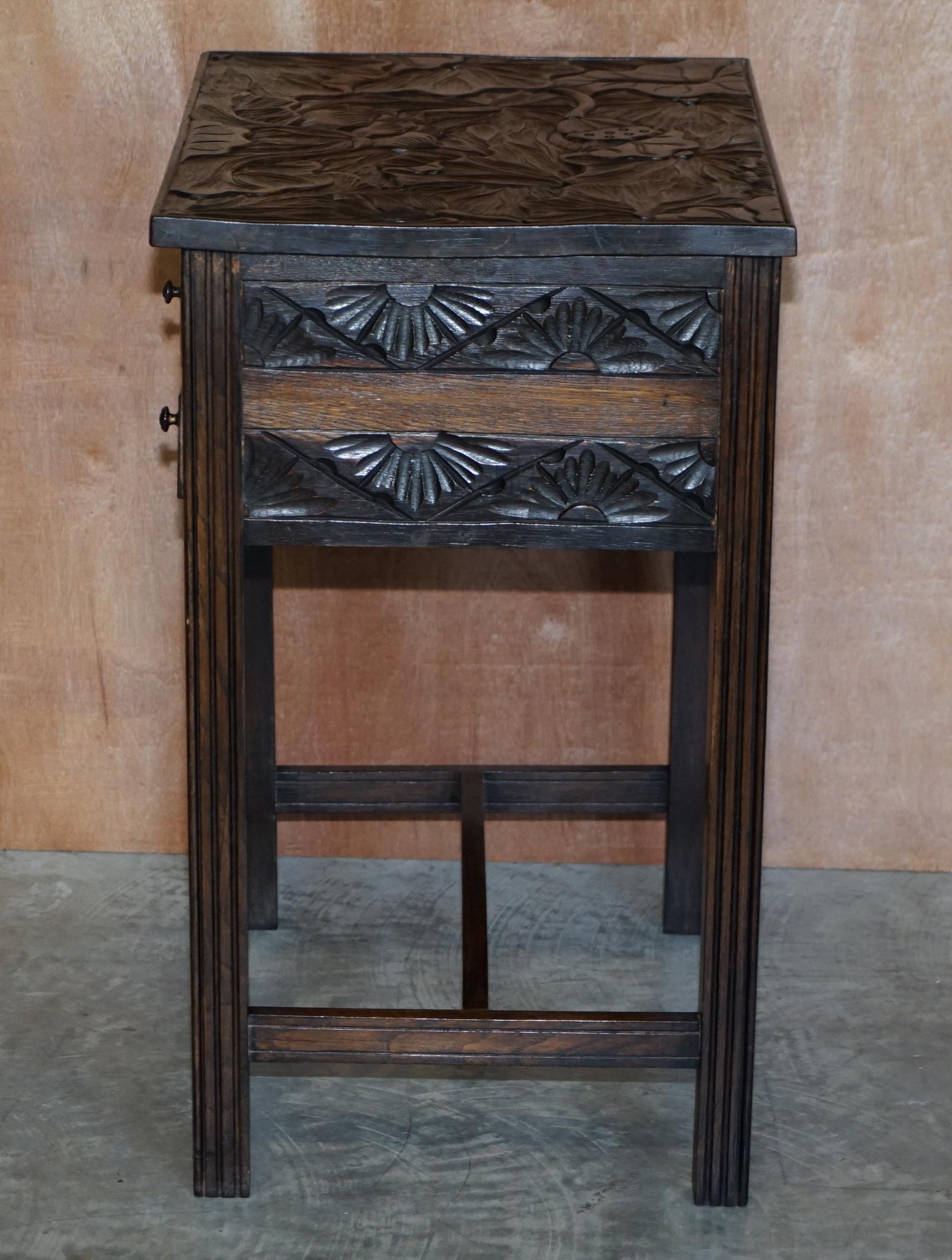 Circa 1905 Liberty's London Japanese Hand Carved Side Lamp Table Cutlery Drawers For Sale 9