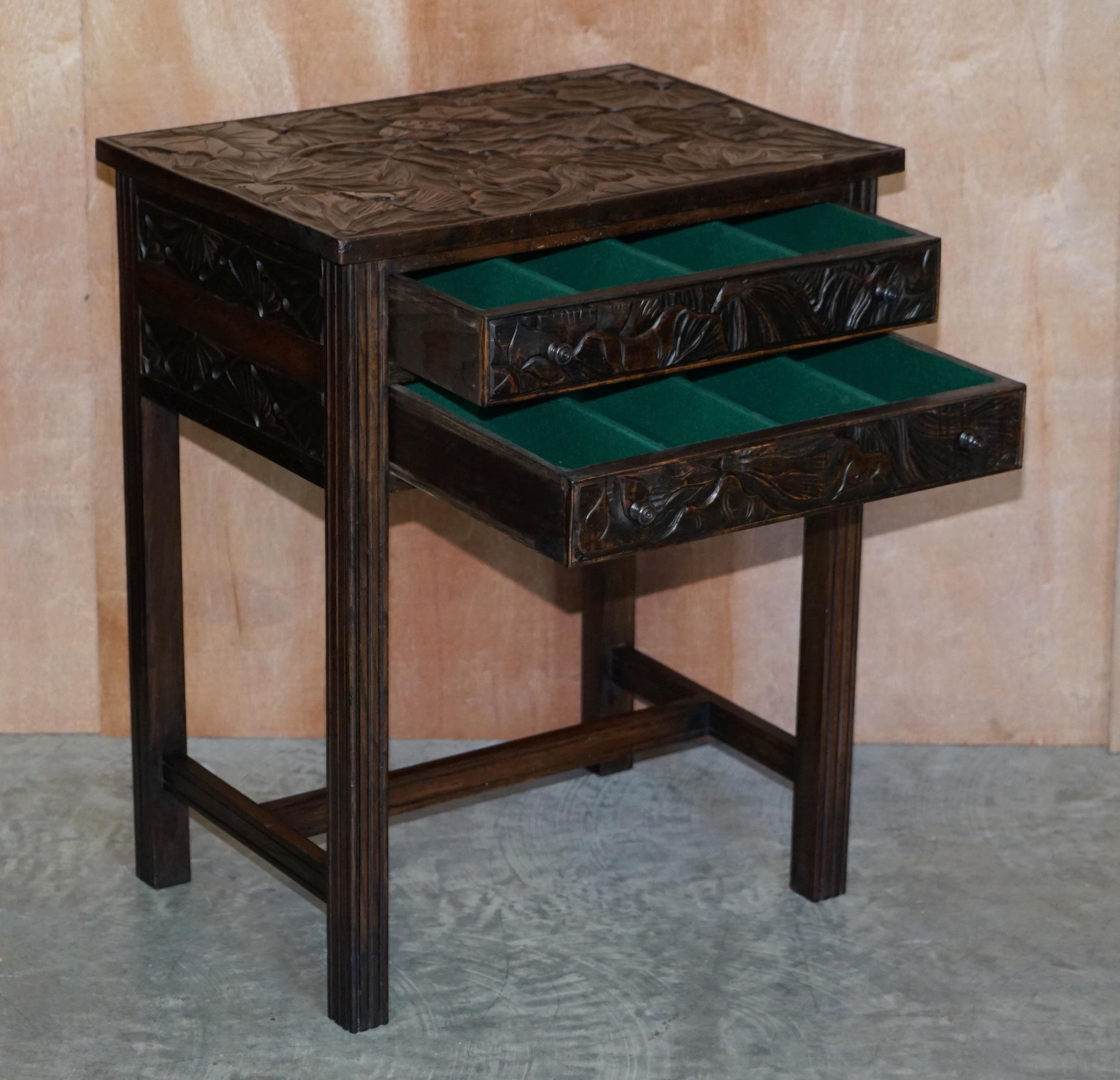 Circa 1905 Liberty's London Japanese Hand Carved Side Lamp Table Cutlery Drawers For Sale 11
