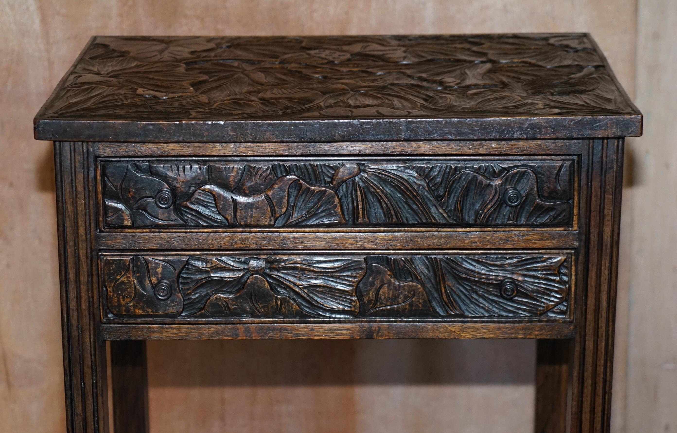 Circa 1905 Liberty's London Japanese Hand Carved Side Lamp Table Cutlery Drawers For Sale 2