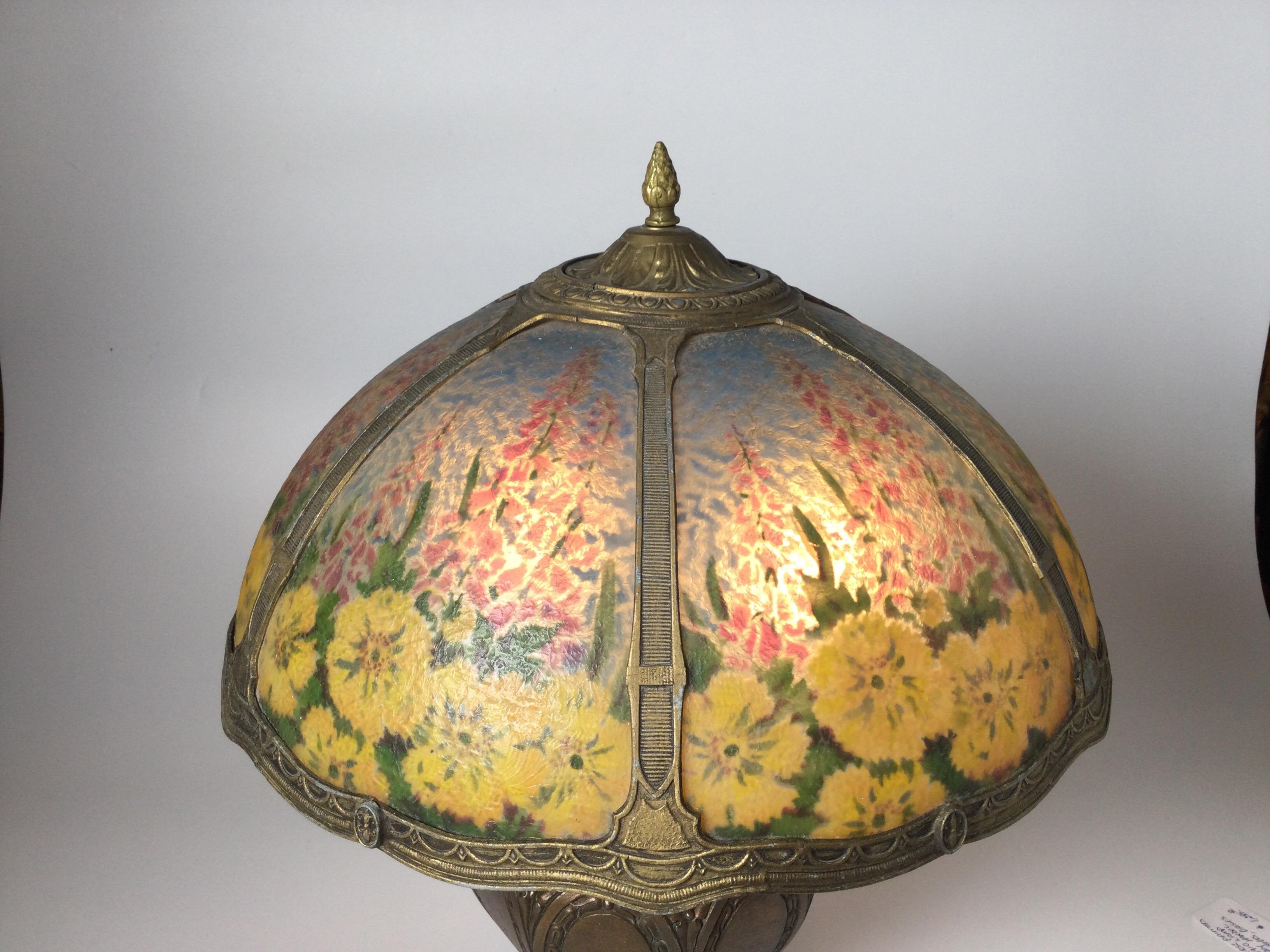 Arts and Crafts circa 1907 Reverse Painted Glass and Bronze Finish Table Lamp