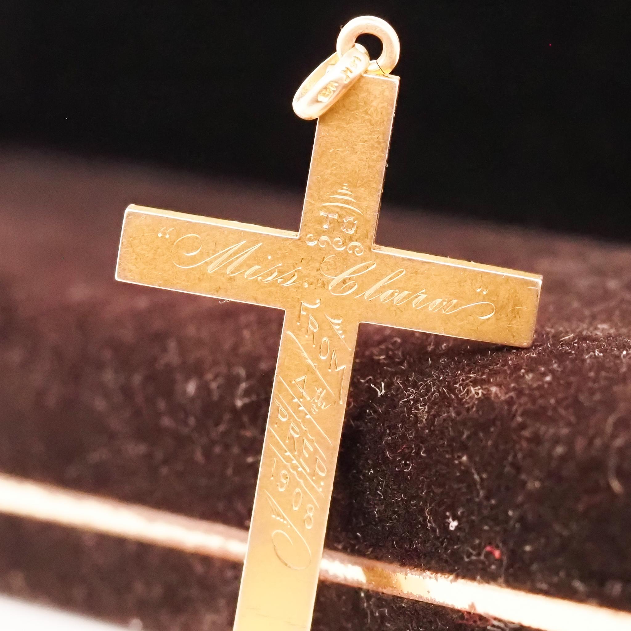 Edwardian Circa 1908 14K Yellow Gold Engraved Floral Cross For Sale