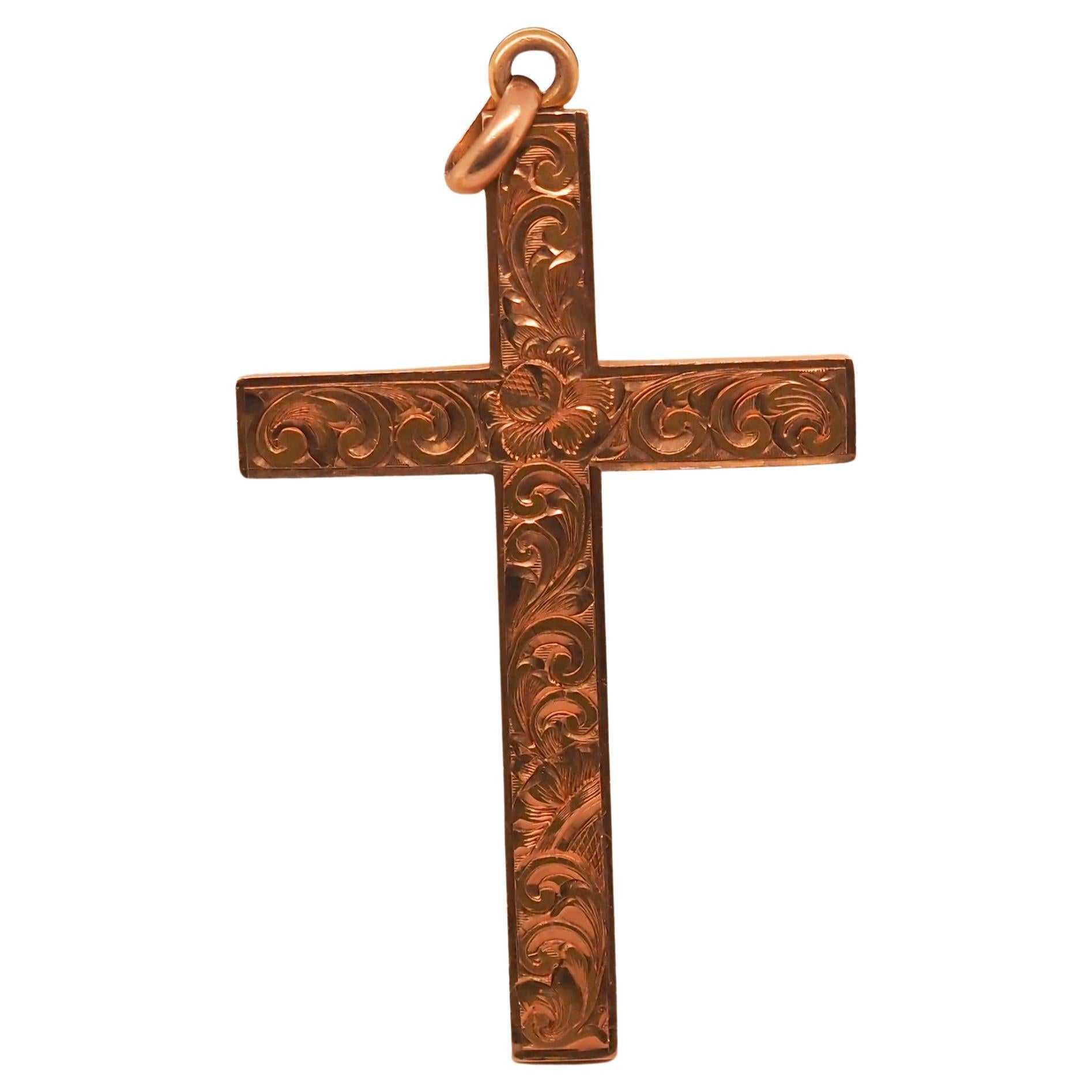 Circa 1908 14K Yellow Gold Engraved Floral Cross For Sale