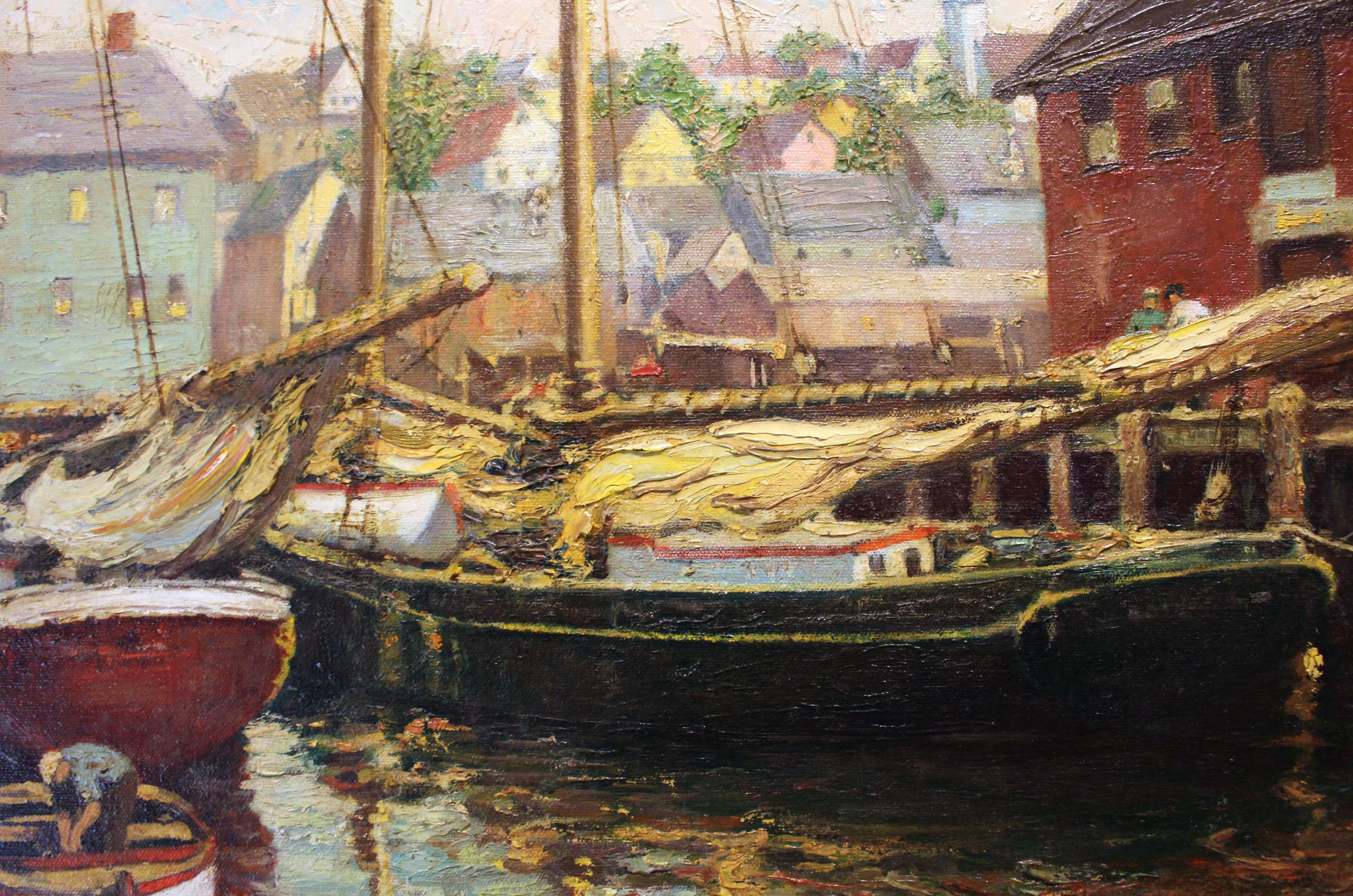 Circa 1910-30 oil on canvas of a harbor scene by Frederick Judd Waugh, American, 1861-1940. Signed lower right. Strong, bold impressionistic brush strokes - the hallmark of Waugh's style. Studied Pennsylvania Academy of Fine Arts and Academie Julian