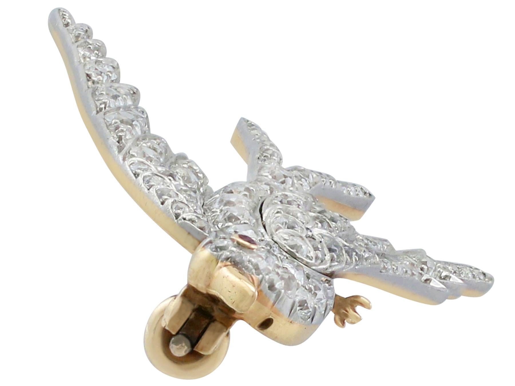 Circa 1910 Antique 3.34 Ct Diamond Ruby Yellow Gold Swallow Brooch In Excellent Condition In Jesmond, Newcastle Upon Tyne