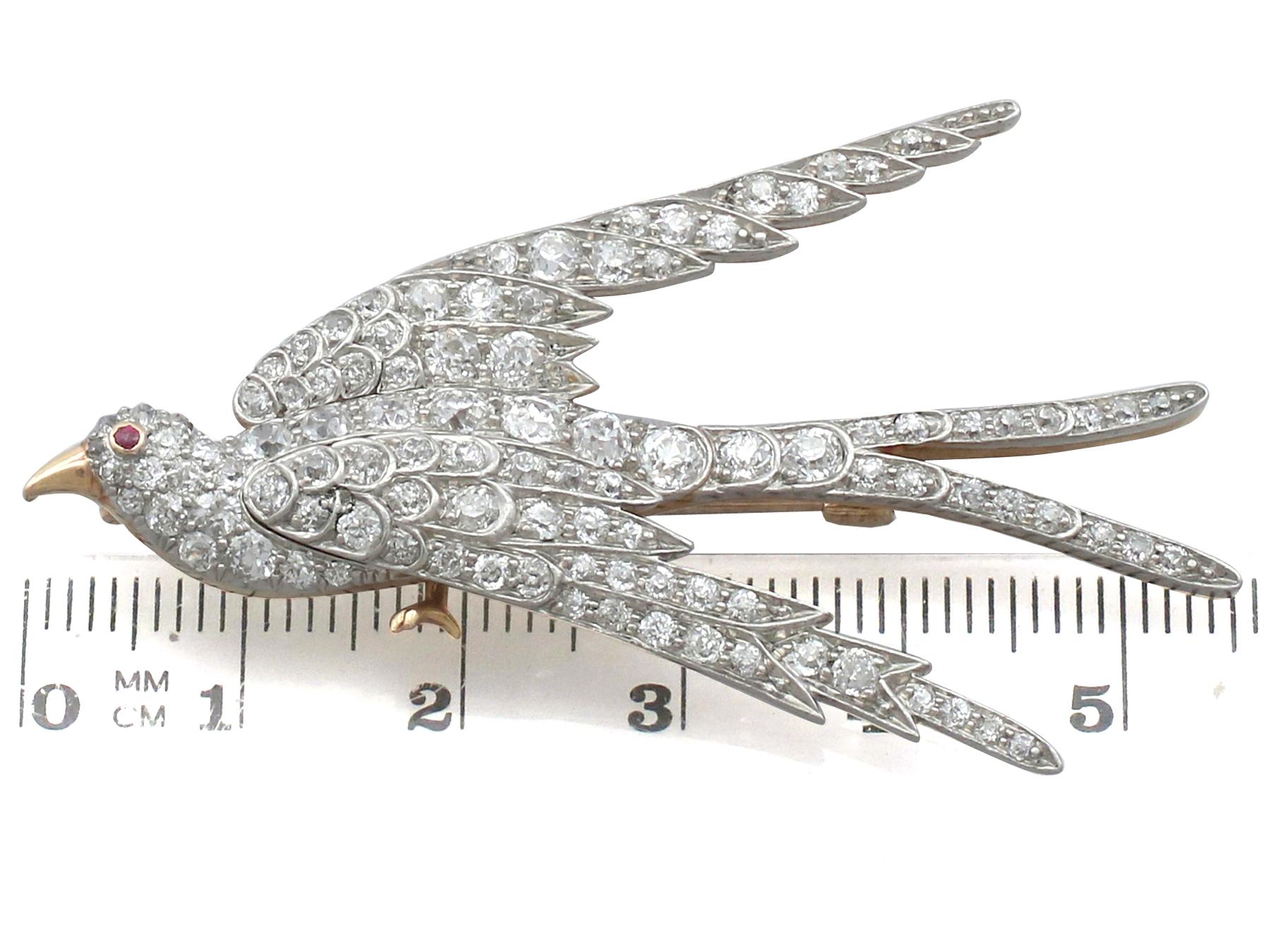 Circa 1910 Antique 3.34 Ct Diamond Ruby Yellow Gold Swallow Brooch 3