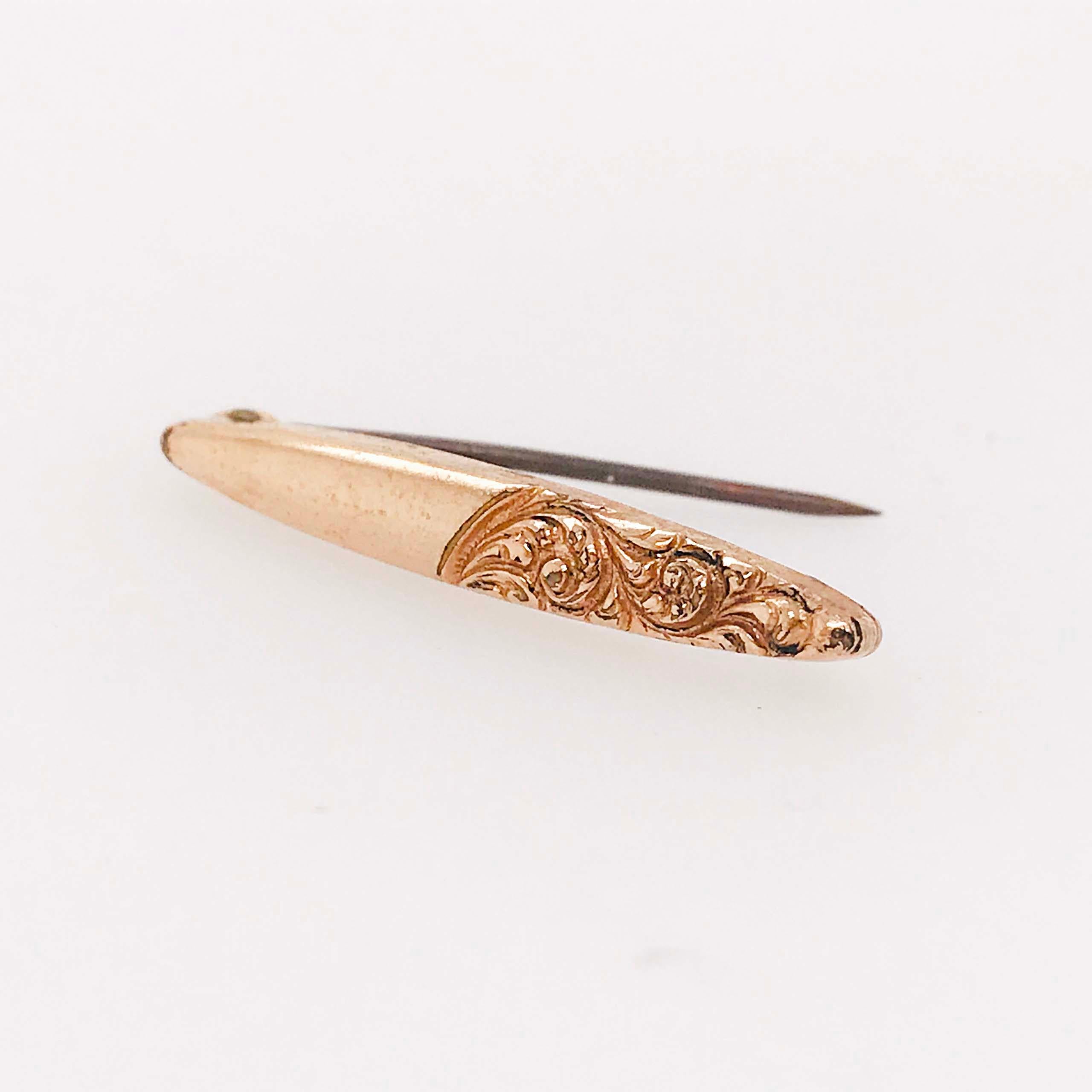 Victorian Rose Scroll Pin, Scroll, Rose Gold Brooch with Hand Engraving, circa 1910