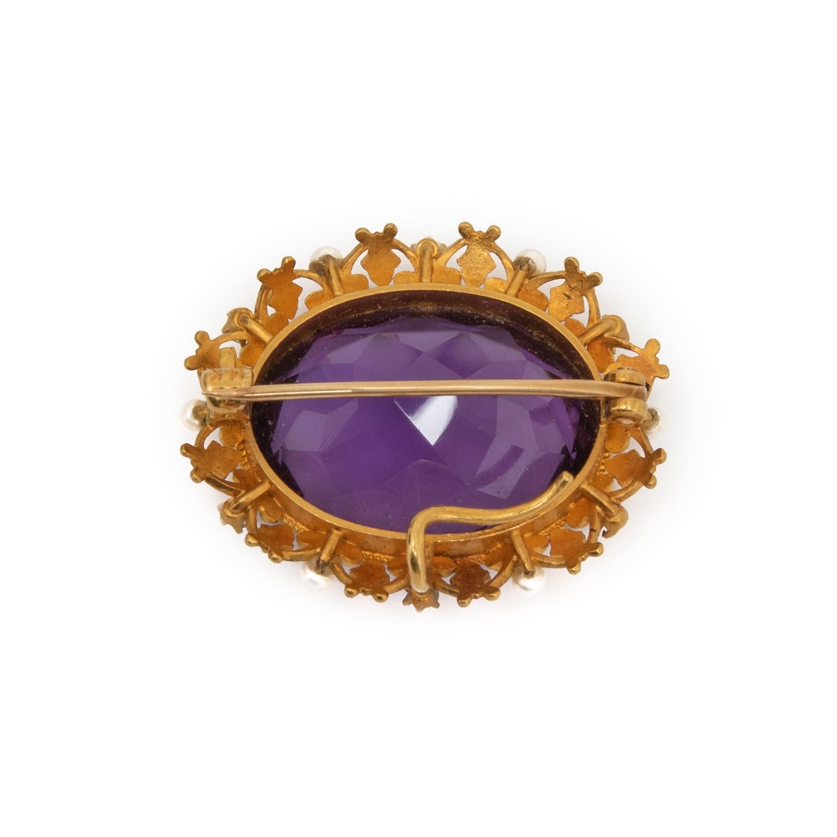 Pendant brooch 14k art nouveau circa 1910 large oval faceted amethyst with diamonds and pearls signed by maker 