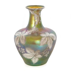 Circa 1910 Austrian Iridescent Art Glass Vase with Silver Overlay attr. to Loetz