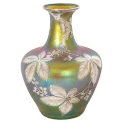 Circa 1910 Austrian Iridescent Art Glass Vase with Silver Overlay attr. to Loetz