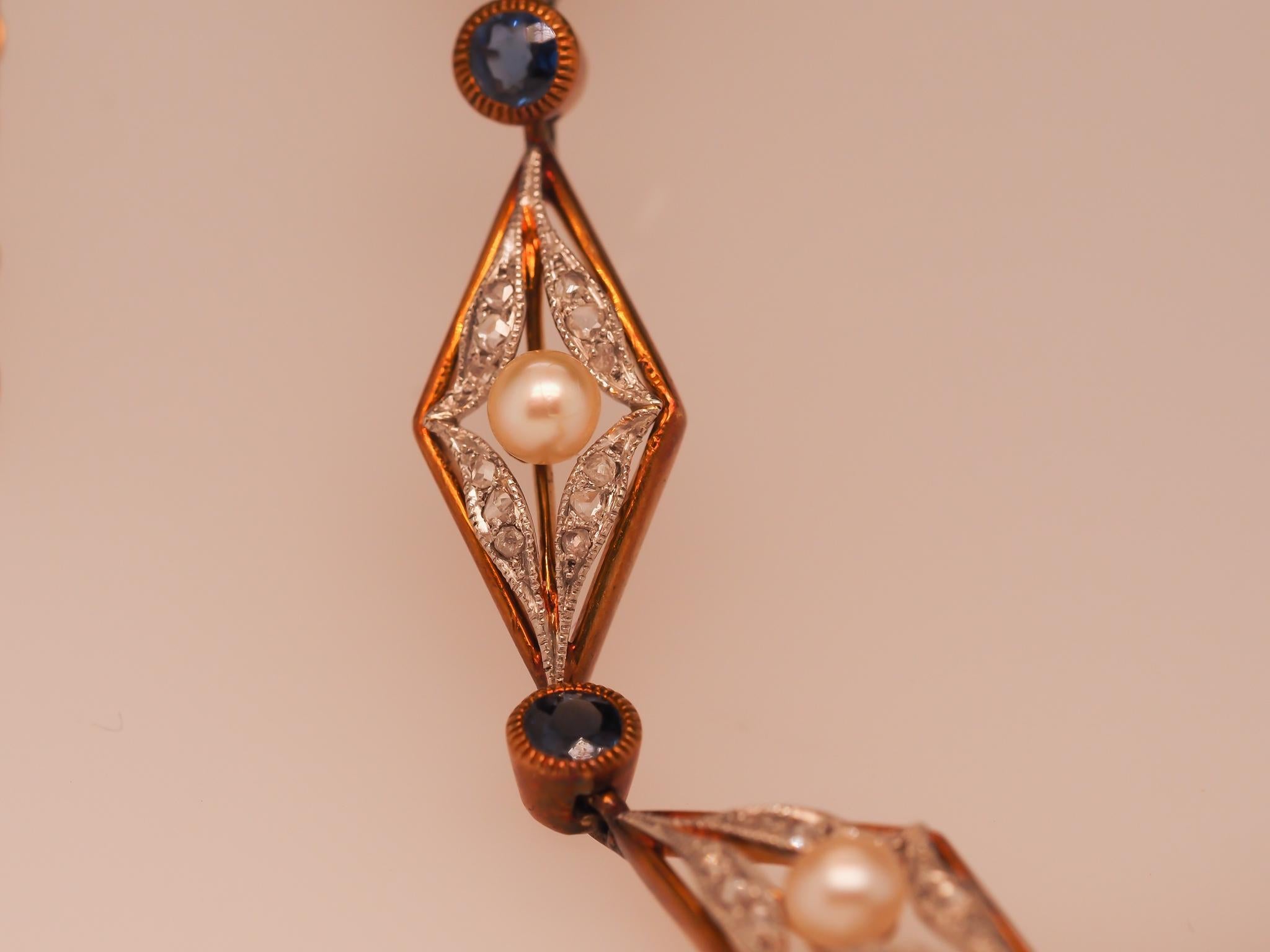 Circa 1910 Edwardian French 18K Yellow Gold Natural Sapphire, Diamond, and Pearl For Sale 1