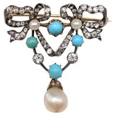 Circa 1910 Edwardian Heart Brooch 18ct Gold with 62 Diamonds, Turquoise & Pearl