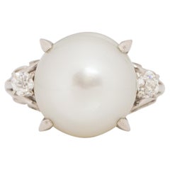 Circa 1910 Edwardian Platinum Hand Made Antique Mount with Large Cultured Pearl