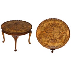 Edwardian Quarter Cut Burr Walnut Coffee Table Ornately Carved Legs, circa 1910