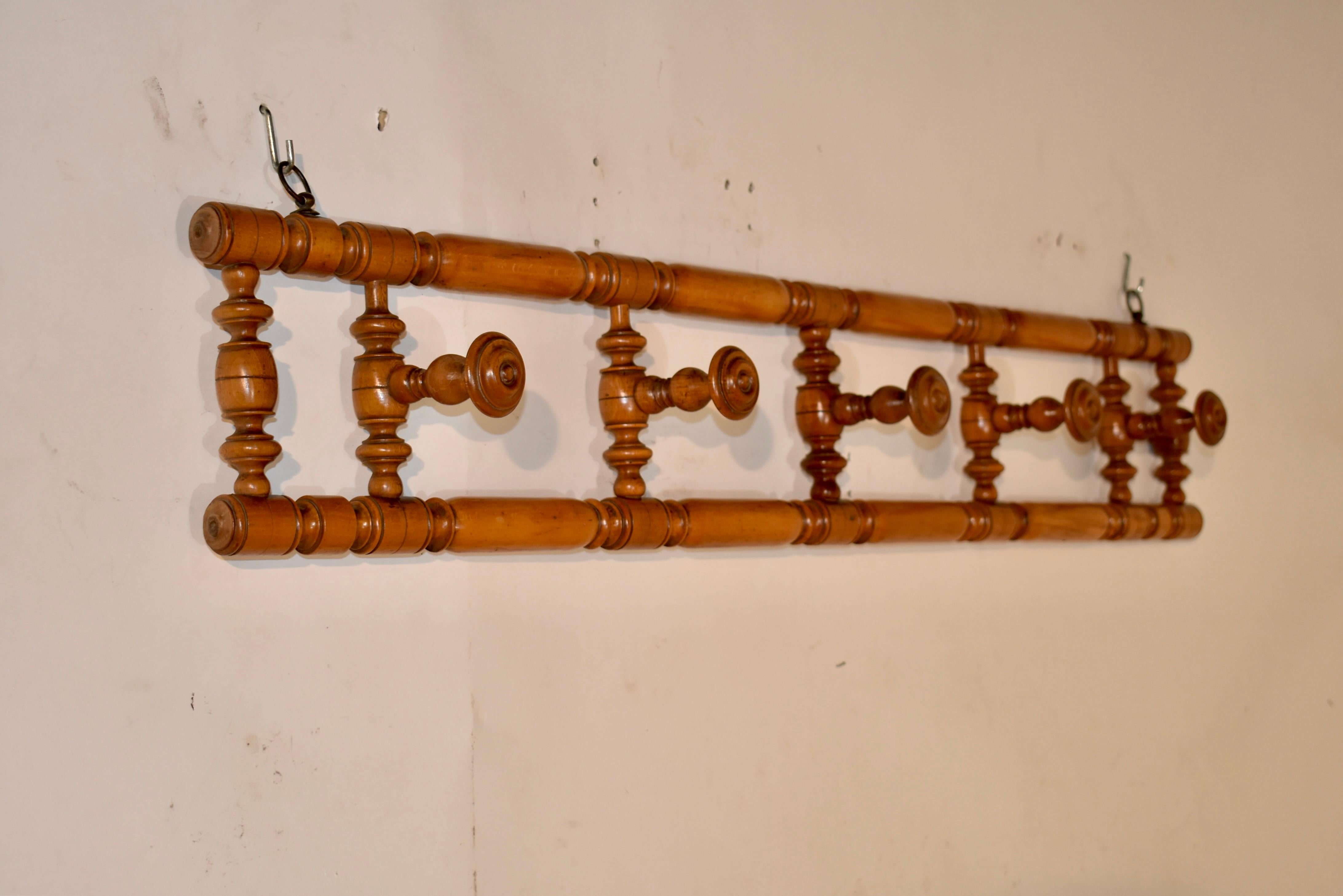 Turned French Cherry Hat Rack for Five Hats, circa 1910