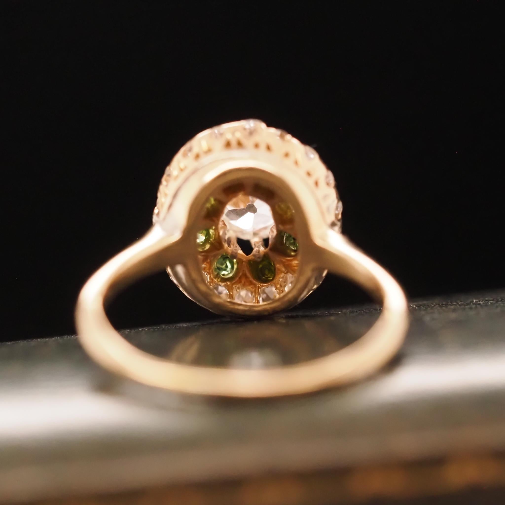 Oval Cut Circa 1910s 14K Yellow Gold Antique Oval and Demantoid Engagement Ring For Sale
