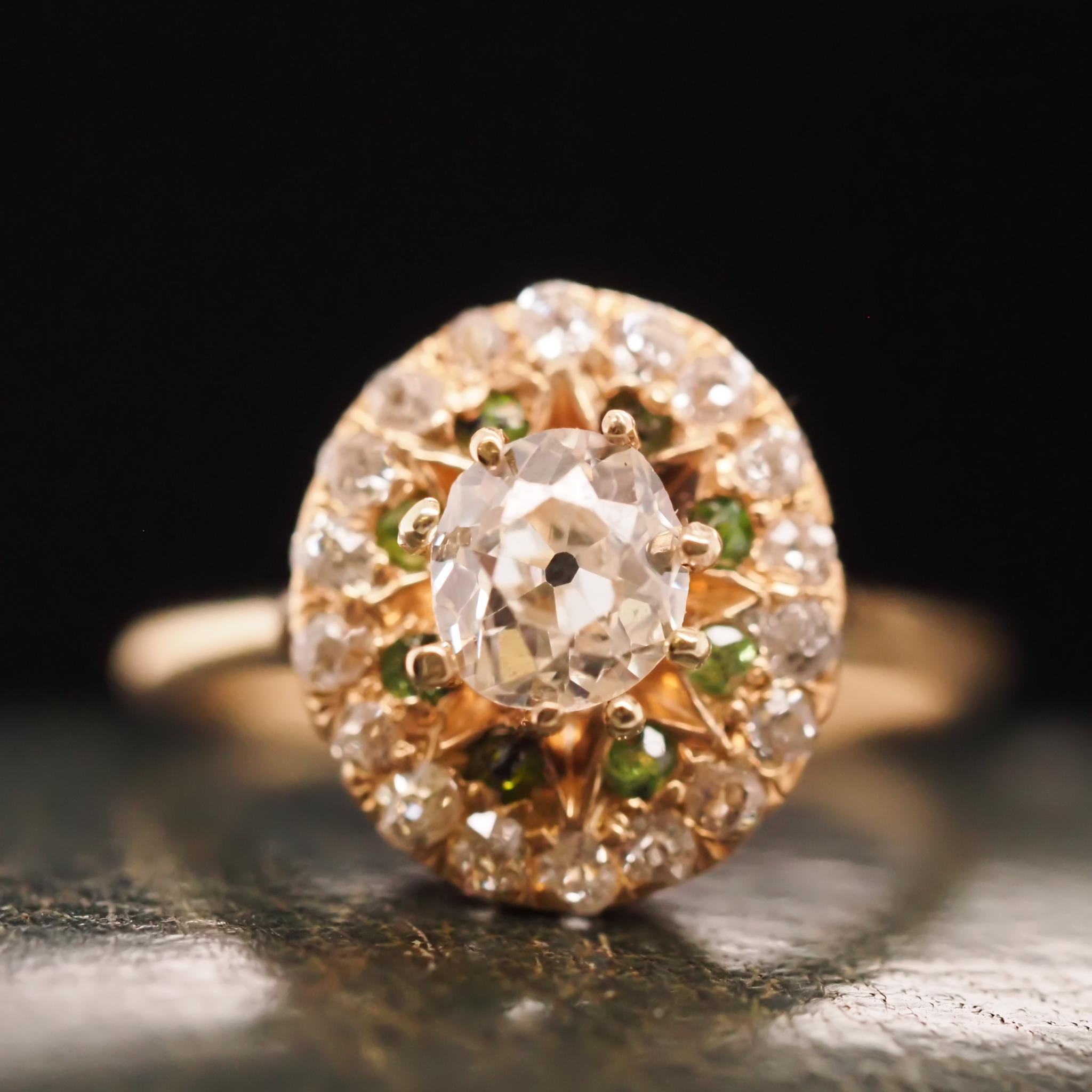 Circa 1910s 14K Yellow Gold Antique Oval and Demantoid Engagement Ring For Sale 1