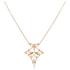 Circa 1910's Art Nouveau 14K Yellow Gold Enamel and Seed Pearl Lavalier Necklace