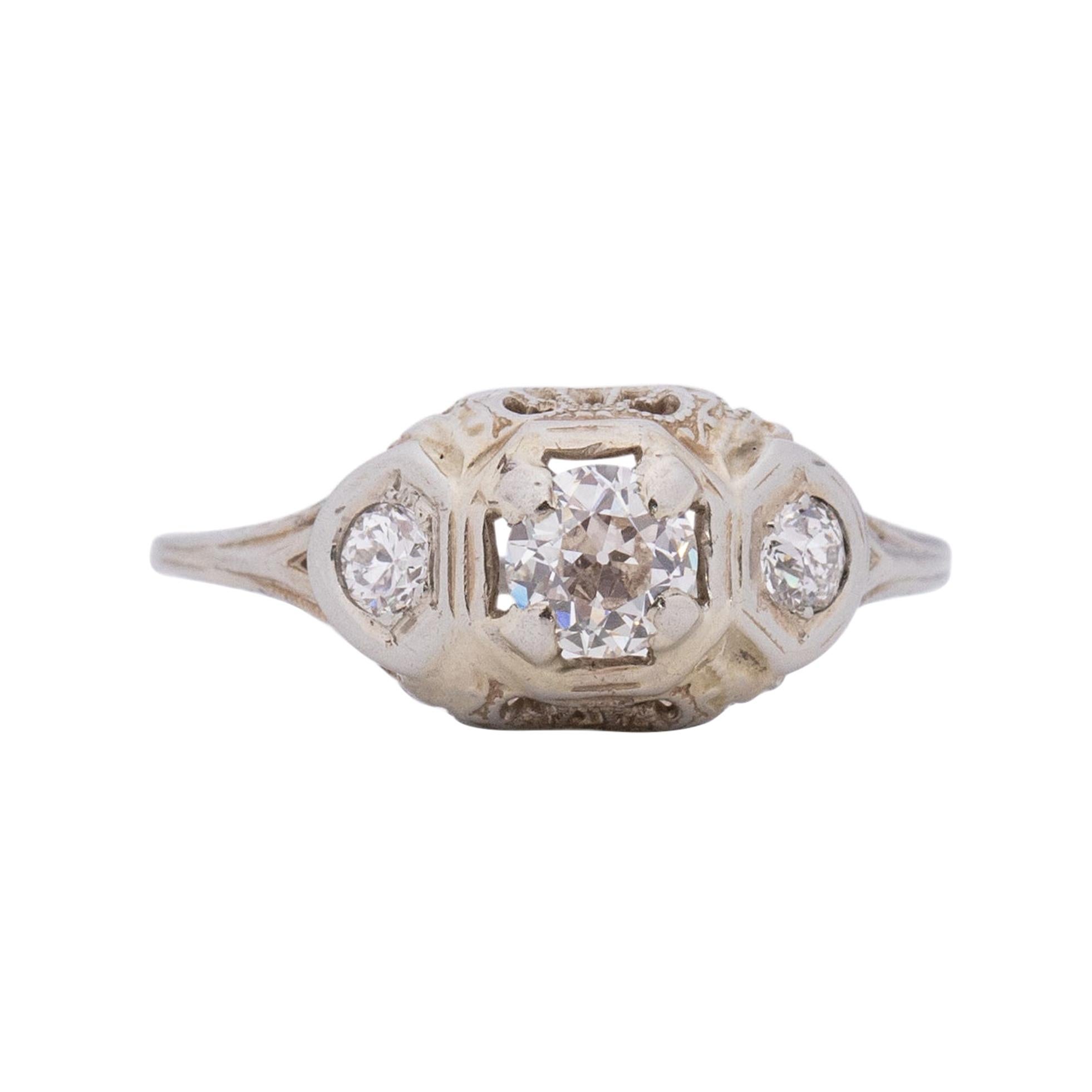 Circa 1910's Edwardian 0.45Ct Center 18K White Gold Three Stone Diamond Ring
