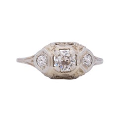 Circa 1910's Edwardian 0.45Ct Center 18K White Gold Three Stone Diamond Ring