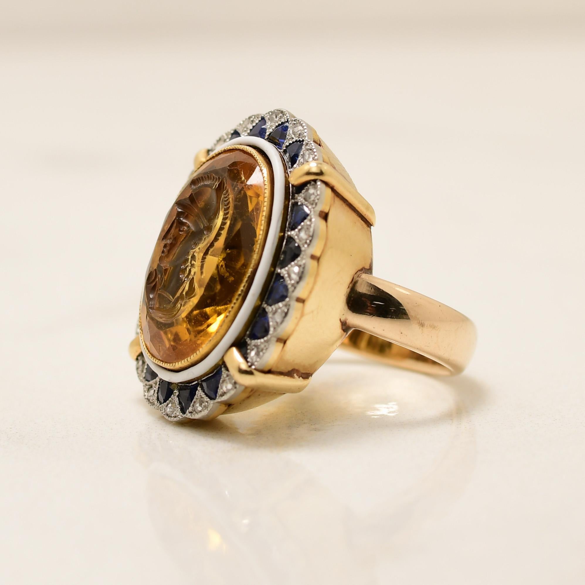 Women's Circa 1910's Edwardian 14K Yellow Gold & Platinum Citrine Carved Cameo W/ Dia For Sale
