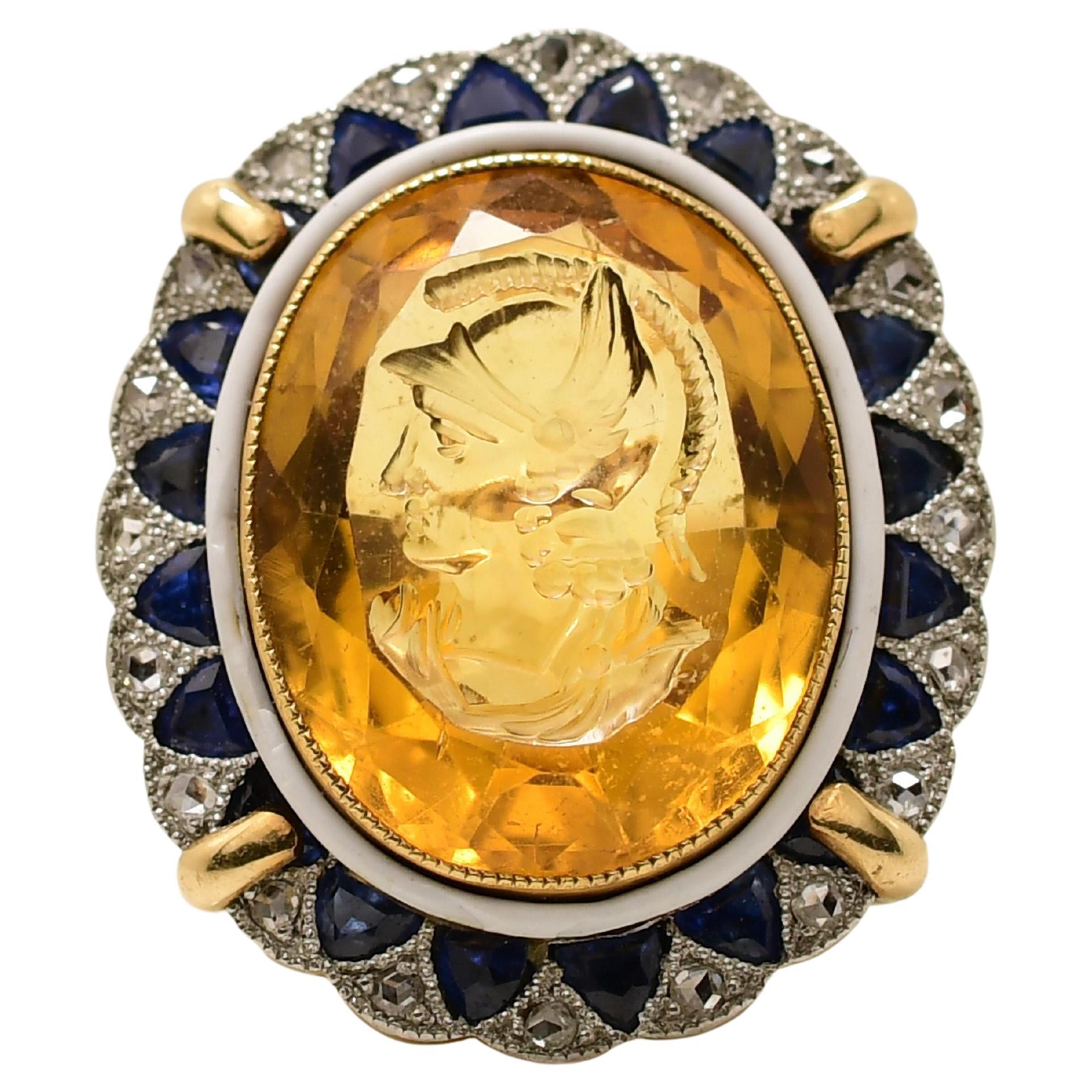 Circa 1910's Edwardian 14K Yellow Gold & Platinum Citrine Carved Cameo W/ Dia For Sale