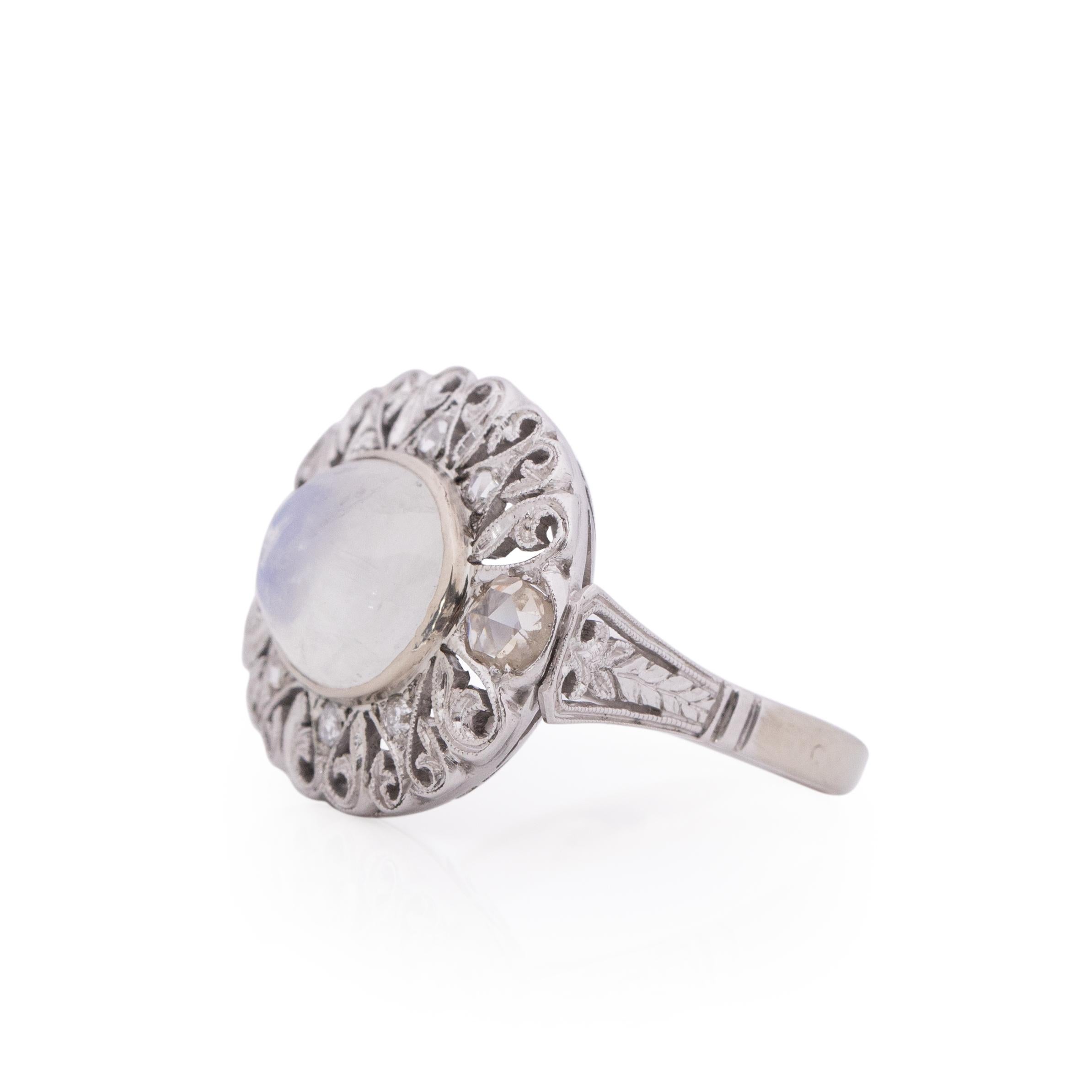 Circa 1910's Edwardian 18k 5ct Moonstone Antique Filigree Diamond Statement Ring In Good Condition In Addison, TX