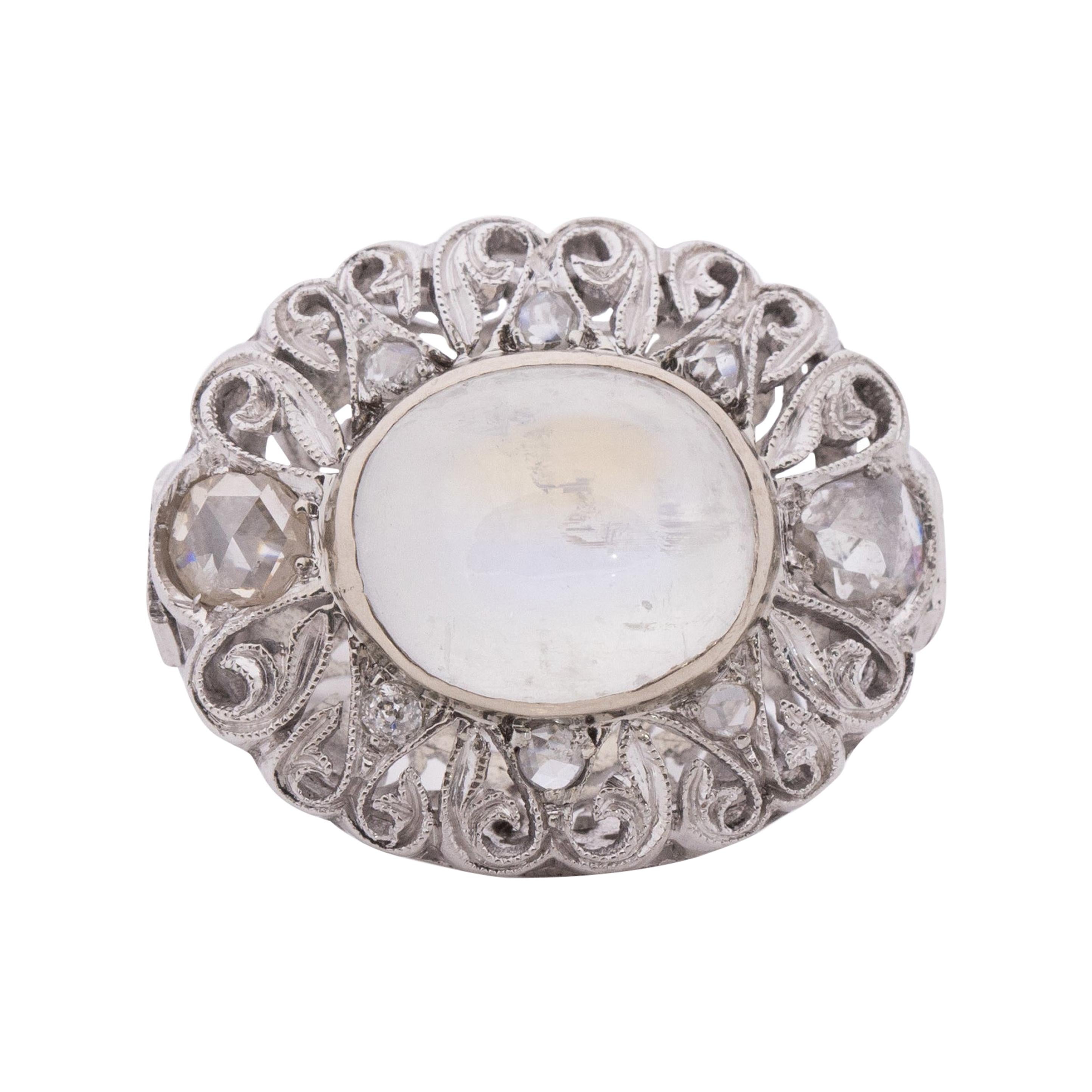 Circa 1910's Edwardian 18k 5ct Moonstone Antique Filigree Diamond Statement Ring