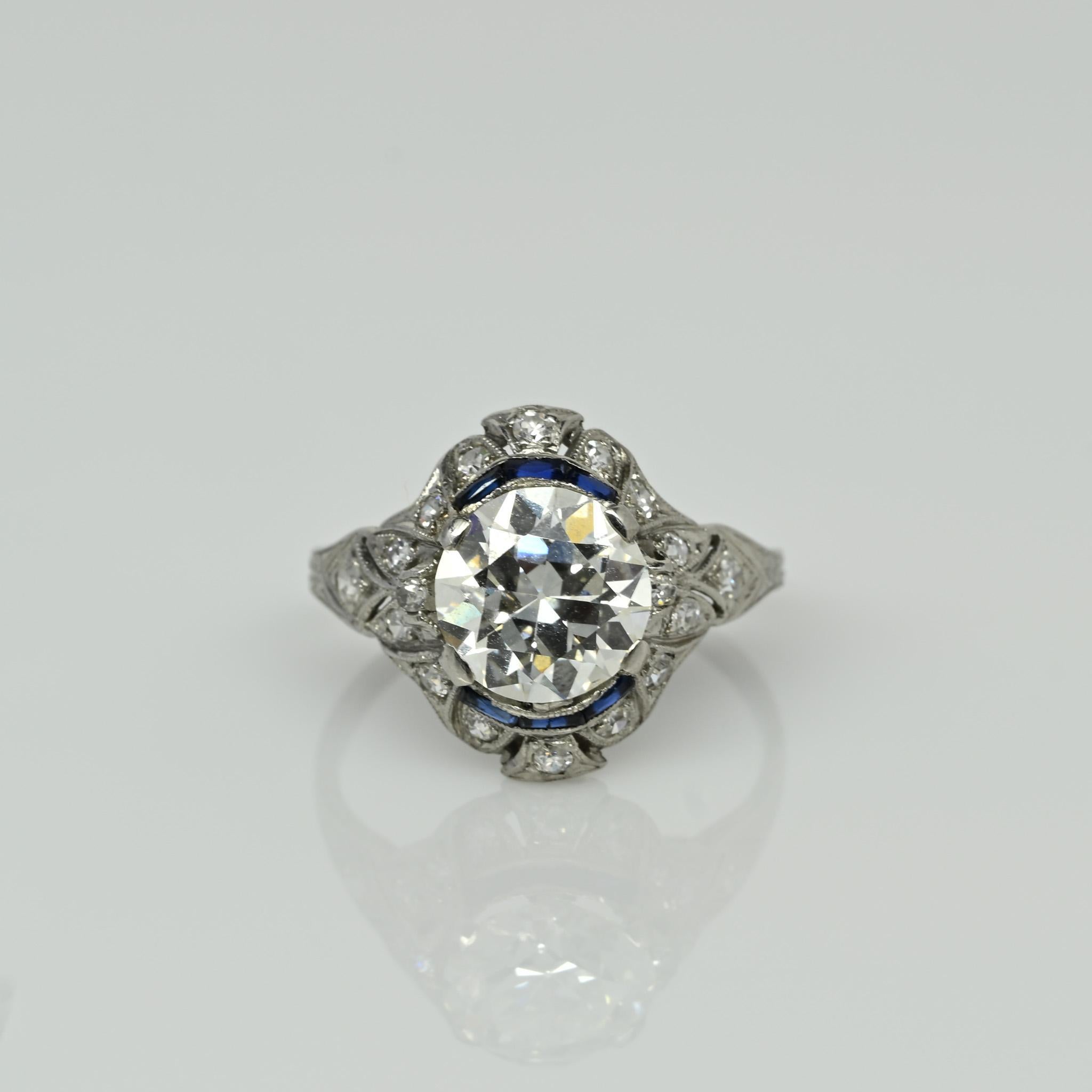 Circa 1910's Edwardian Platinum 2.34Ct Old European Cut Diamond & Sapphire Ring 7