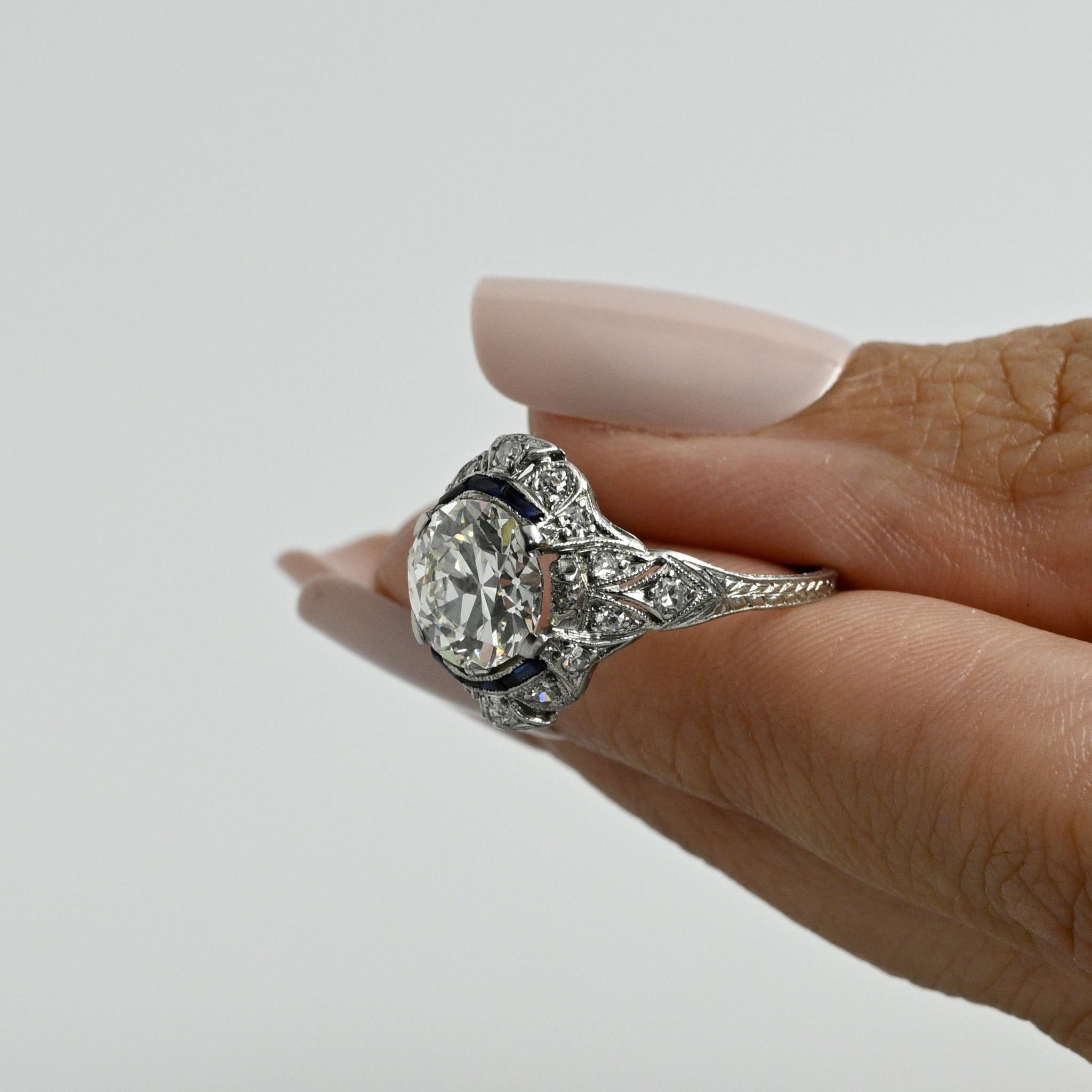 Circa 1910's Edwardian Platinum 2.34Ct Old European Cut Diamond & Sapphire Ring In Good Condition In Addison, TX