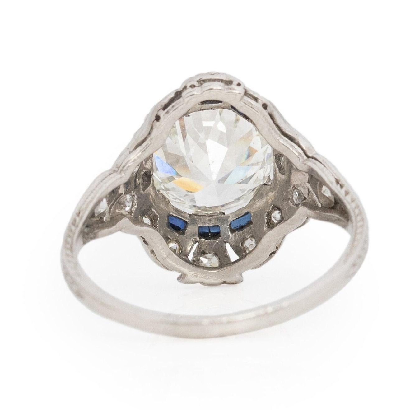 Women's Circa 1910's Edwardian Platinum 2.34Ct Old European Cut Diamond & Sapphire Ring For Sale