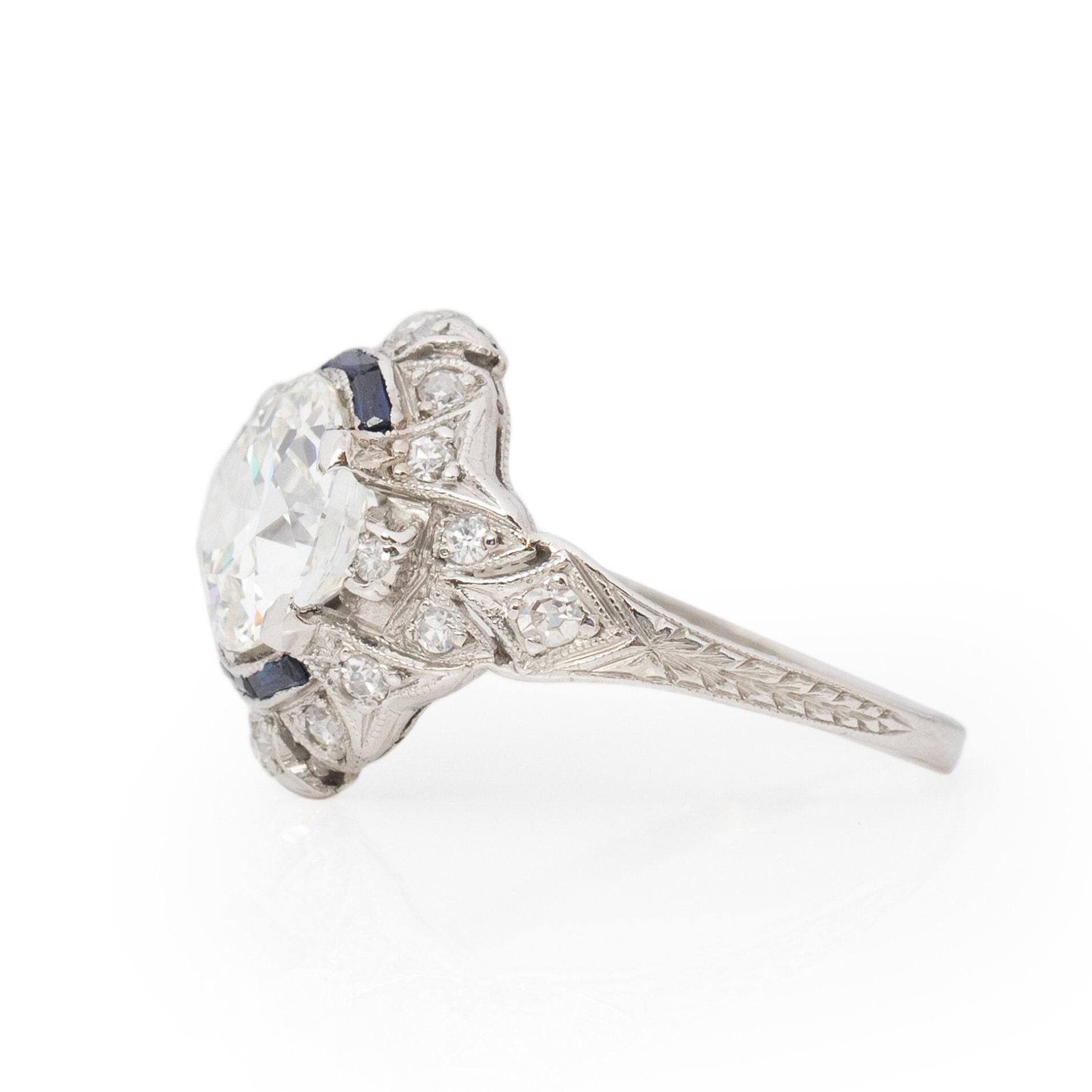 Circa 1910's Edwardian Platinum 2.34Ct Old European Cut Diamond & Sapphire Ring For Sale 1