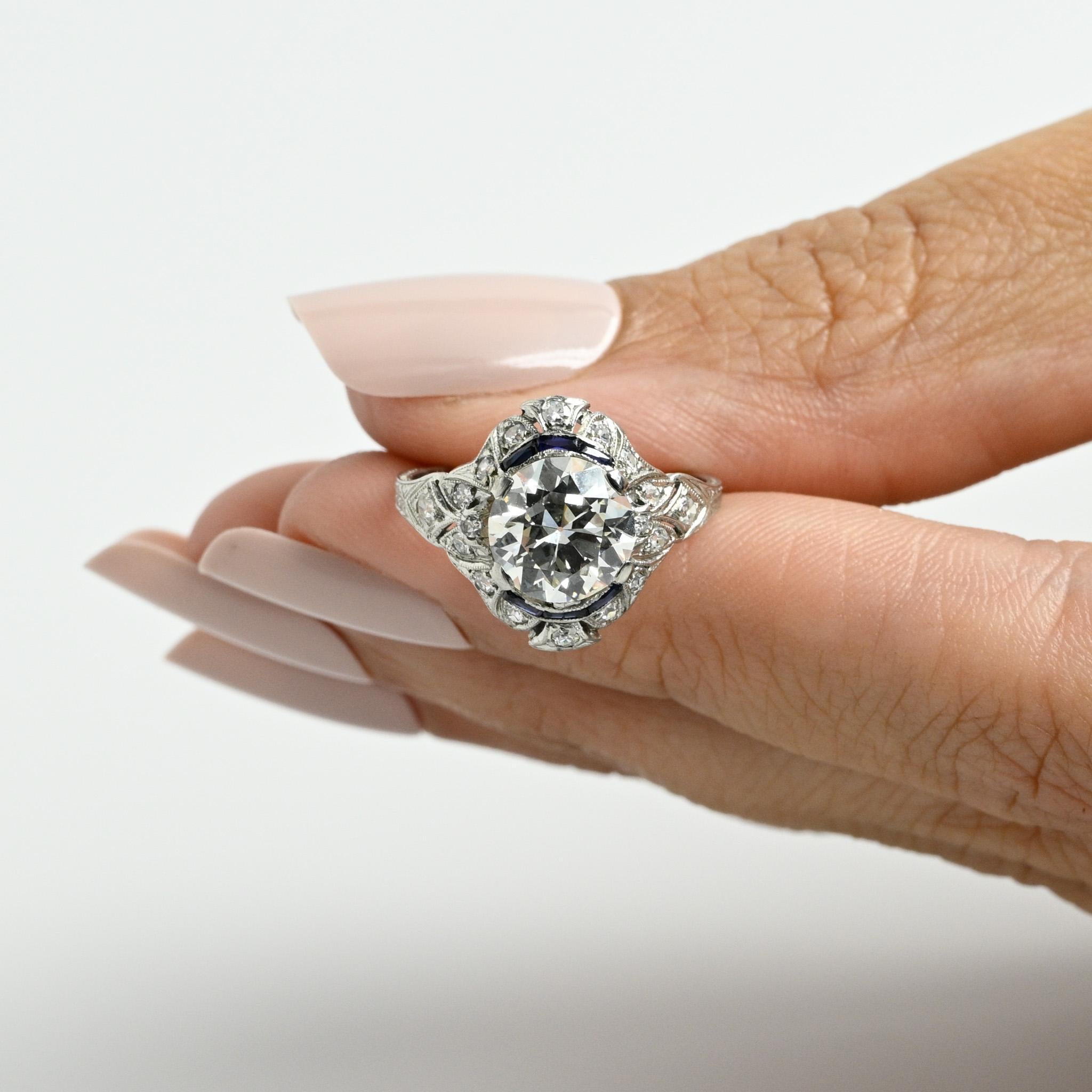 Circa 1910's Edwardian Platinum 2.34Ct Old European Cut Diamond & Sapphire Ring 1