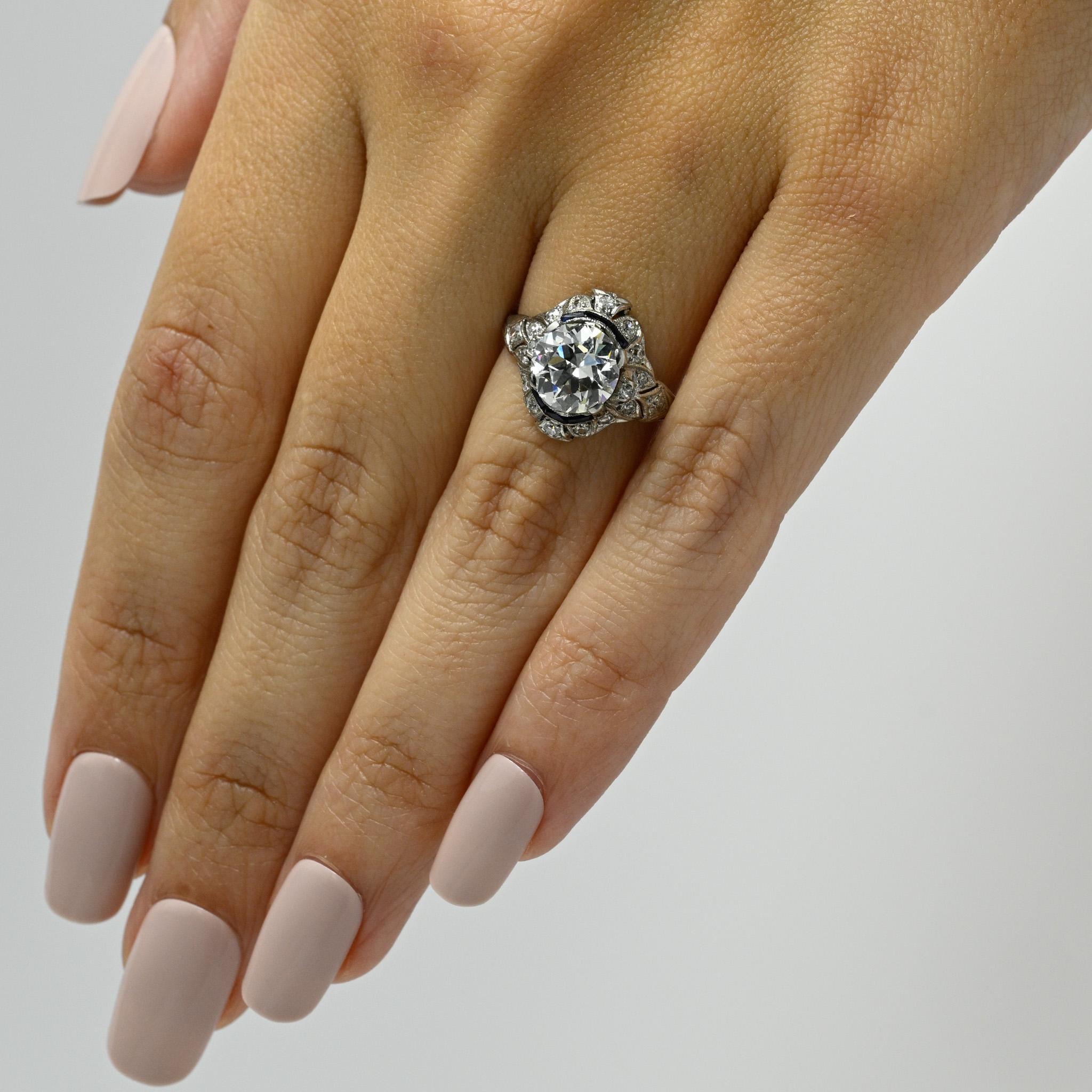 Circa 1910's Edwardian Platinum 2.34Ct Old European Cut Diamond & Sapphire Ring 2