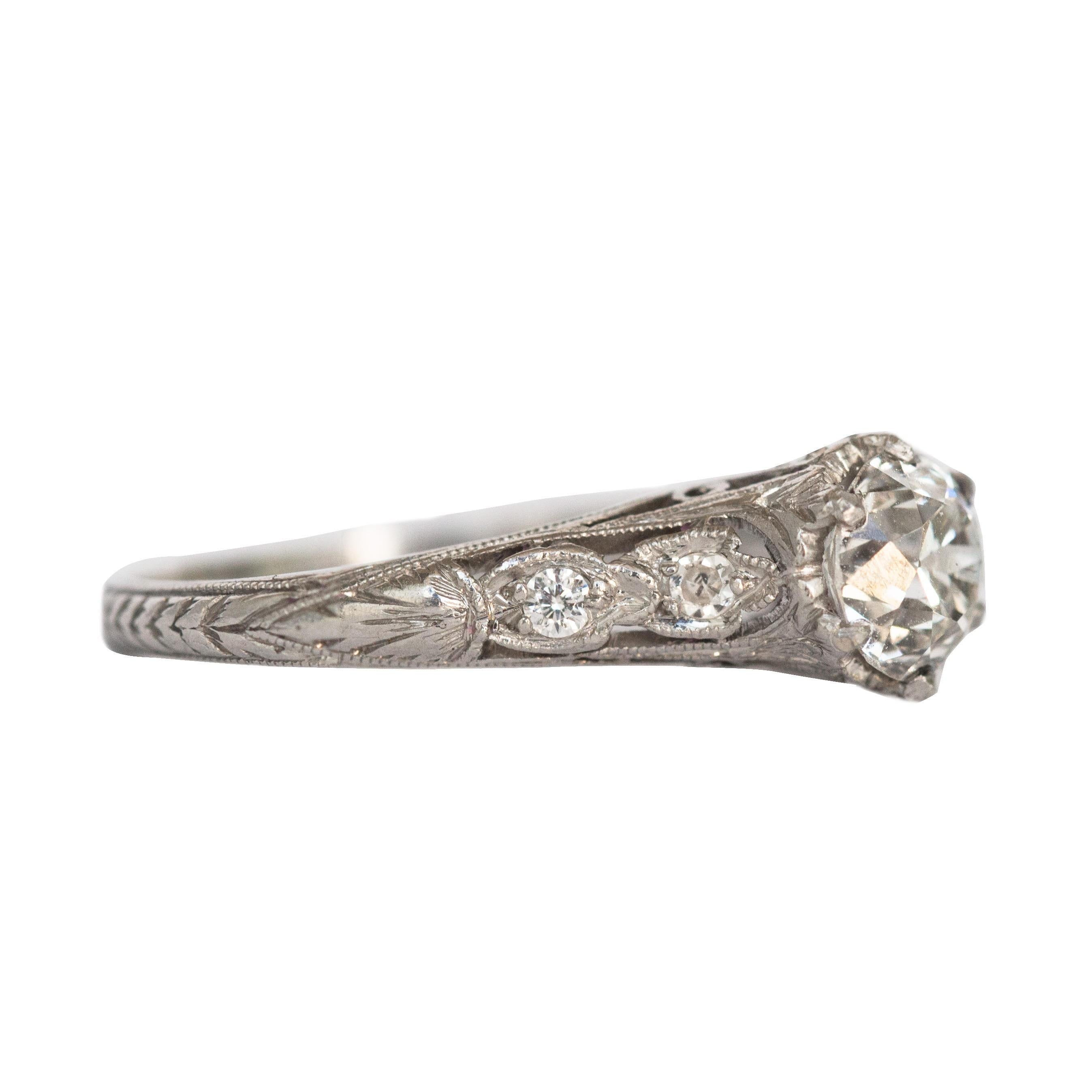 Circa 1910's Edwardian Platinum .93 ct Old European Cut Diamond Engagement Ring In Good Condition For Sale In Addison, TX
