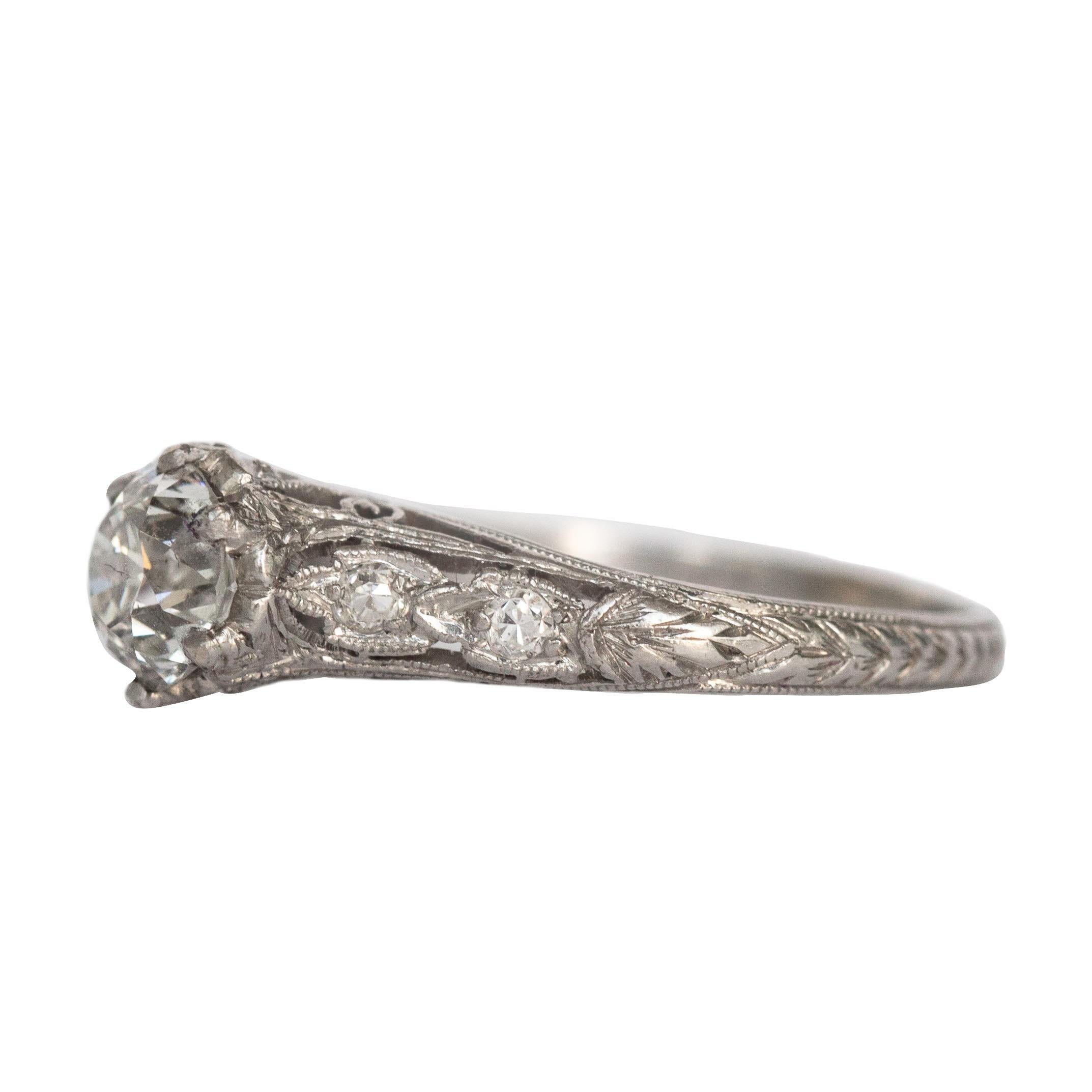 Women's Circa 1910's Edwardian Platinum .93 ct Old European Cut Diamond Engagement Ring For Sale