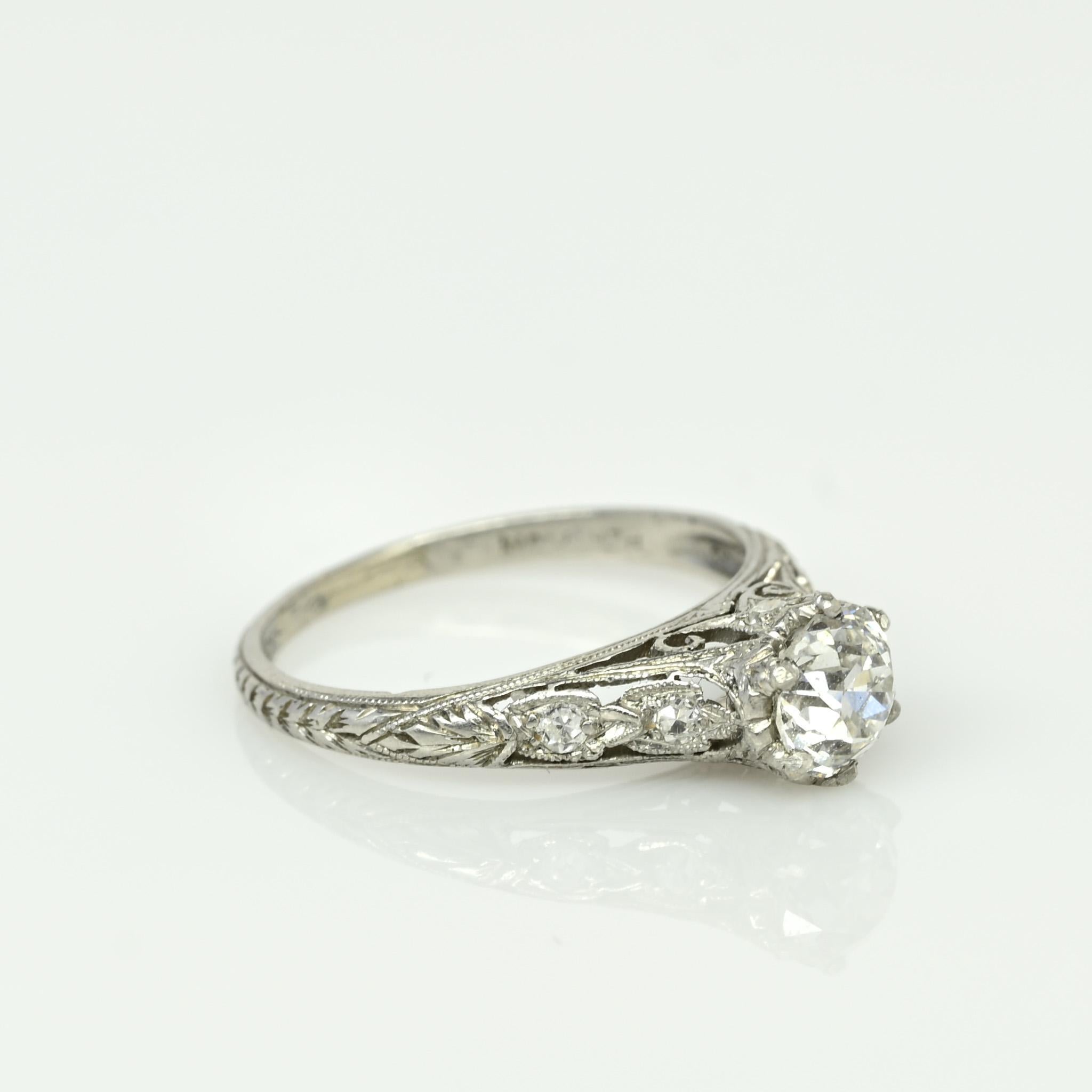 Women's Circa 1910's Edwardian Platinum .93 ct Old European Cut Diamond Engagement Ring