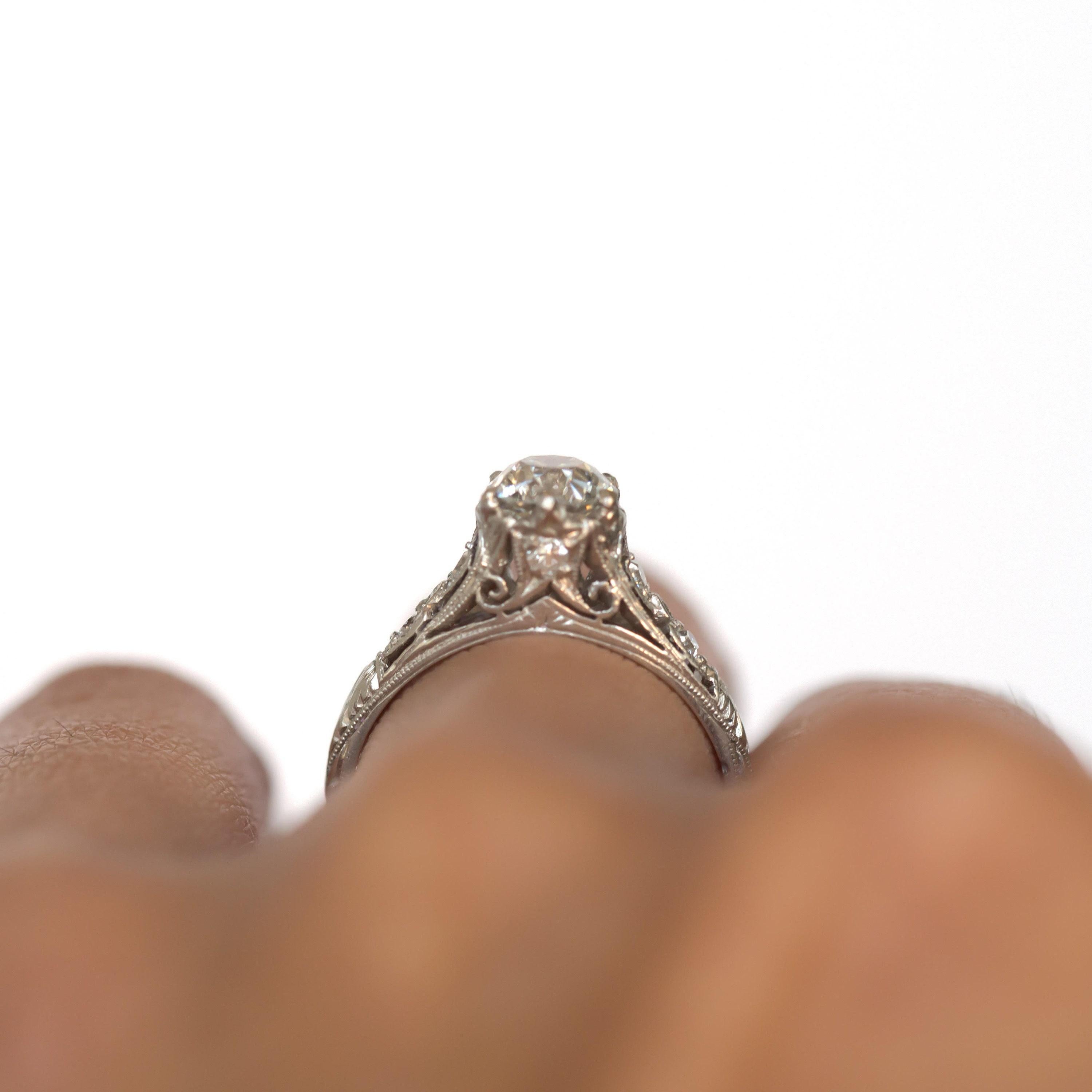 Circa 1910's Edwardian Platinum .93 ct Old European Cut Diamond Engagement Ring For Sale 5