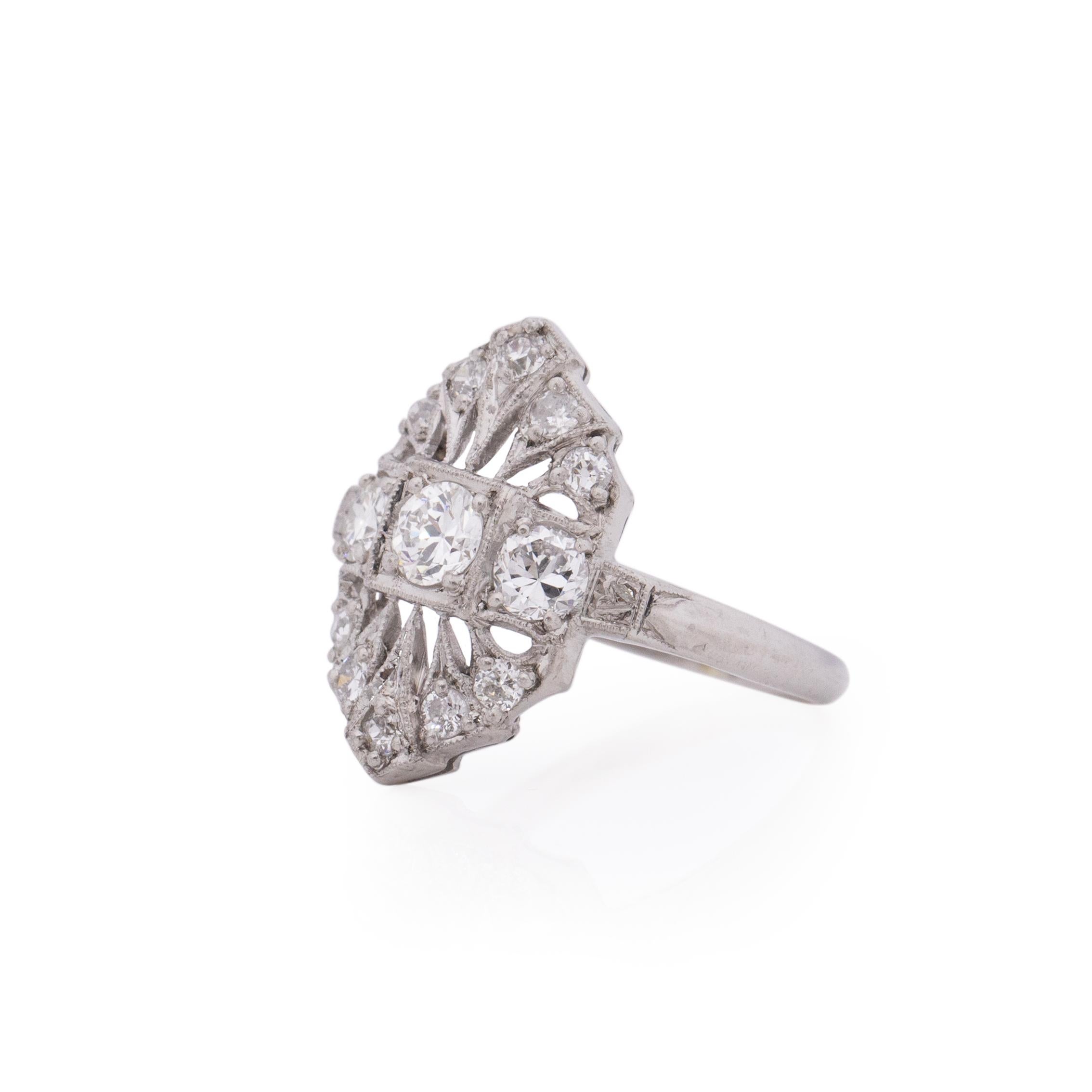 Circa 1910's Edwardian Platinum and Diamond Vintage Shield Ring In Good Condition In Addison, TX