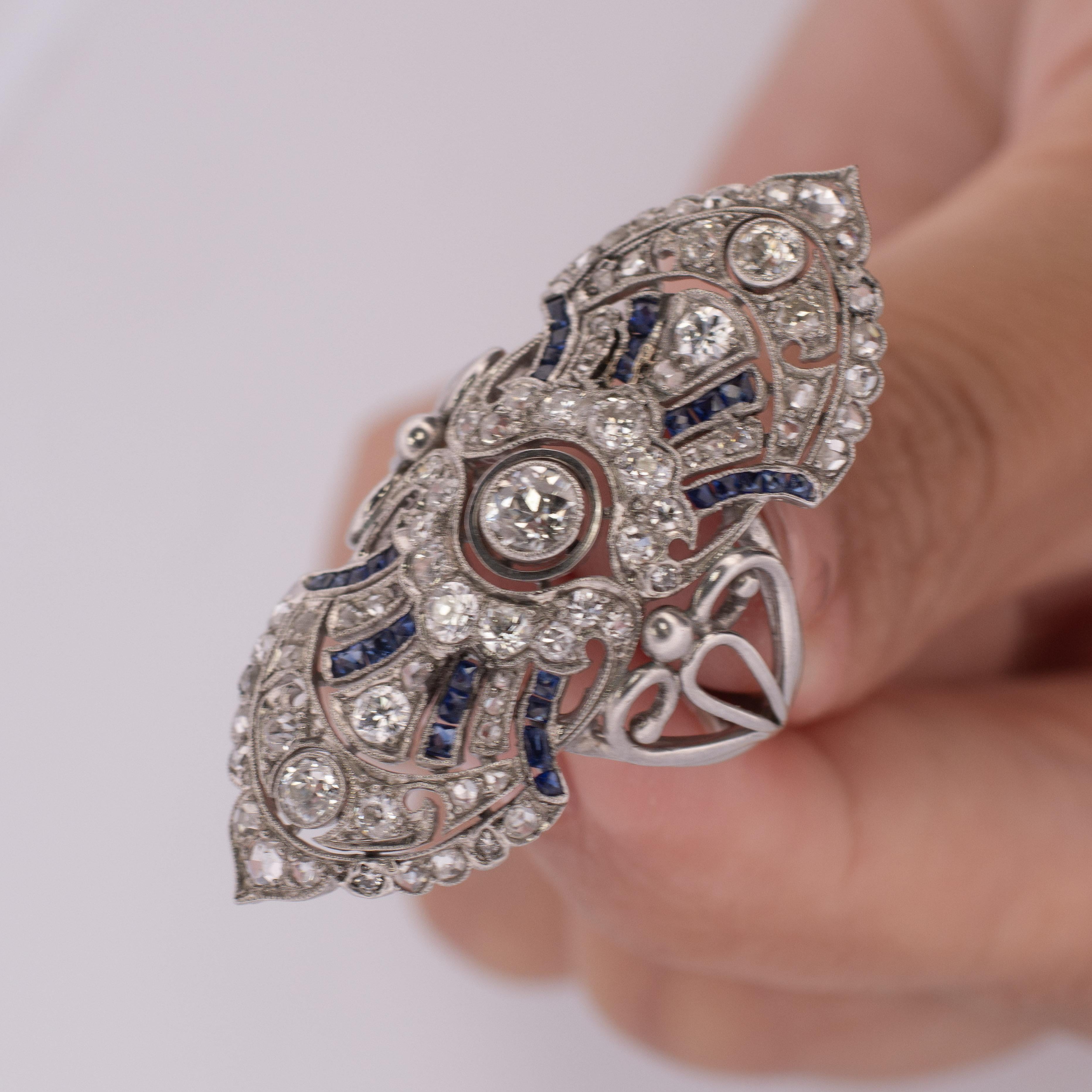 Circa 1910's Edwardian Platinum Diamond & Sapphire Old Brooch Conversion Sheild In Good Condition For Sale In Addison, TX