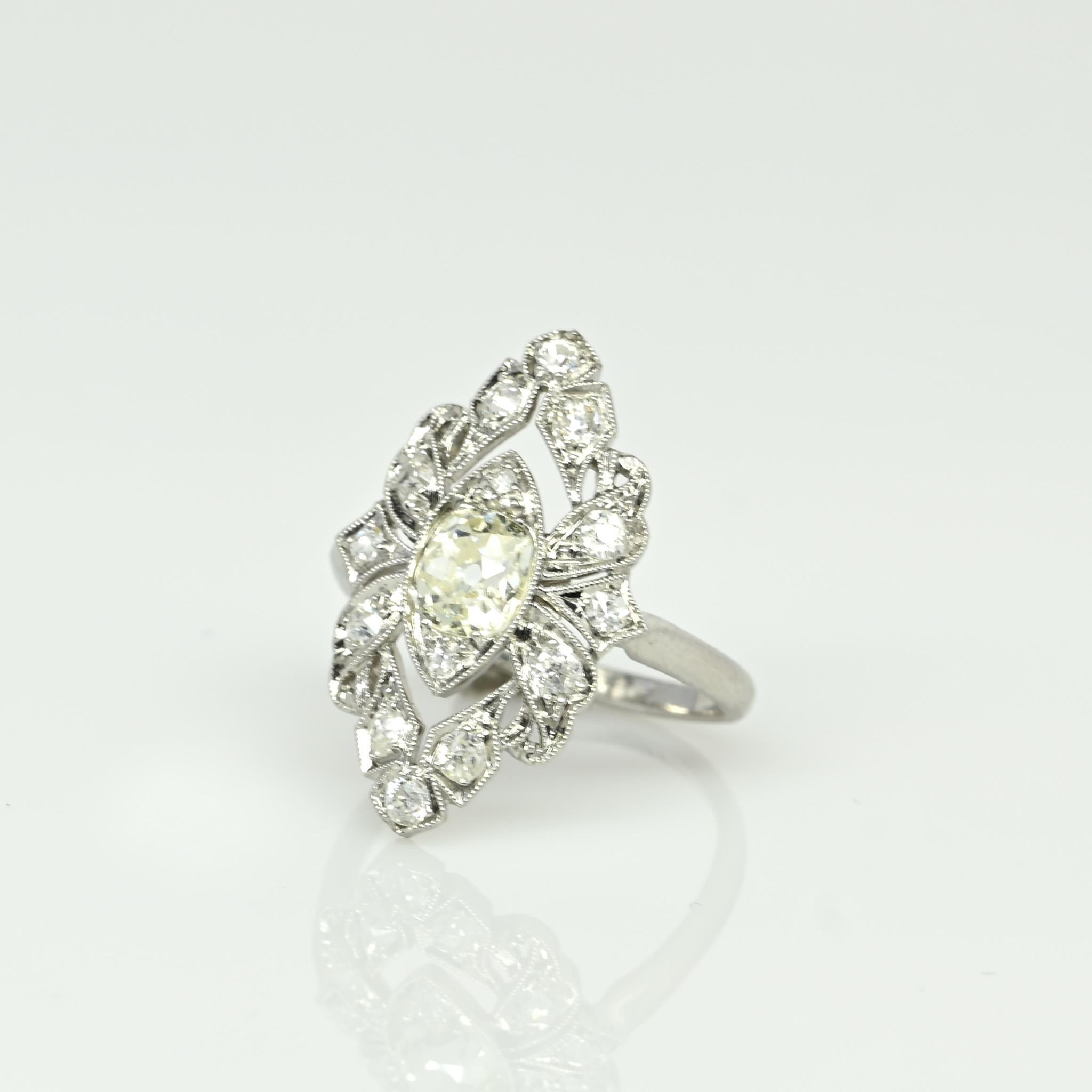 Women's Circa 1910's Edwardian Platinum TRAUB Floral 1.02Ct Old Mine Cut Diamond Antique